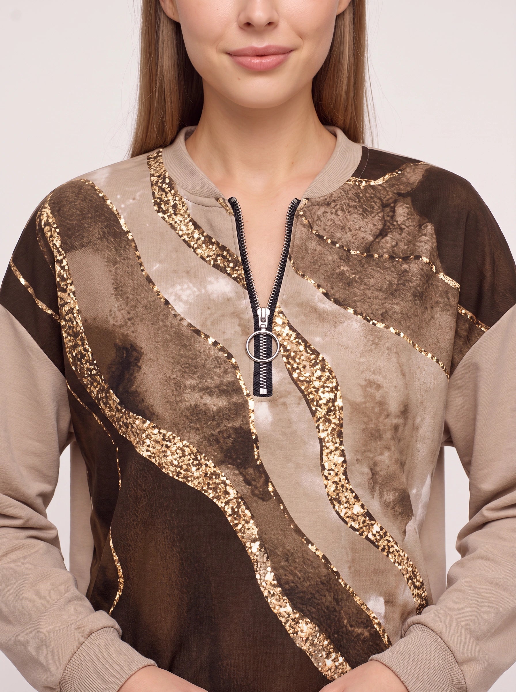 Sweat-shirt Brumonda à sequins et demi-fermeture éclair - imprimé abstrait, col rond, coupe oversize décontractée pour femme, pull d’automne