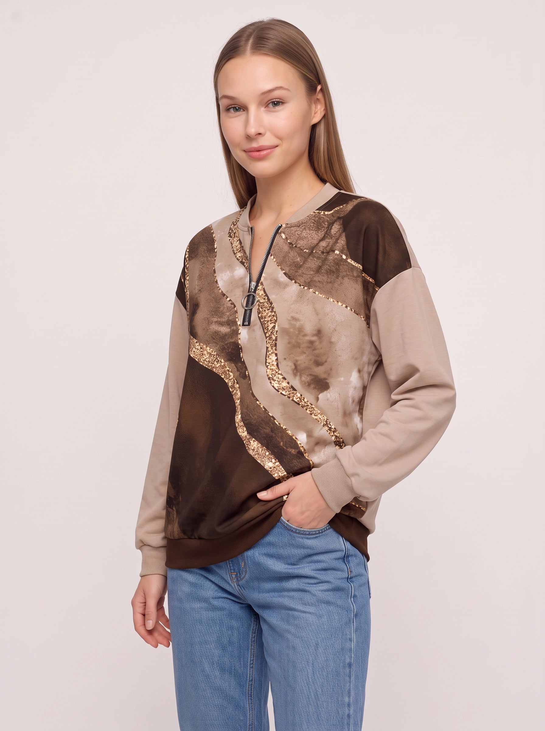 Sweat-shirt Brumonda à sequins et demi-fermeture éclair - imprimé abstrait, col rond, coupe oversize décontractée pour femme, pull d’automne