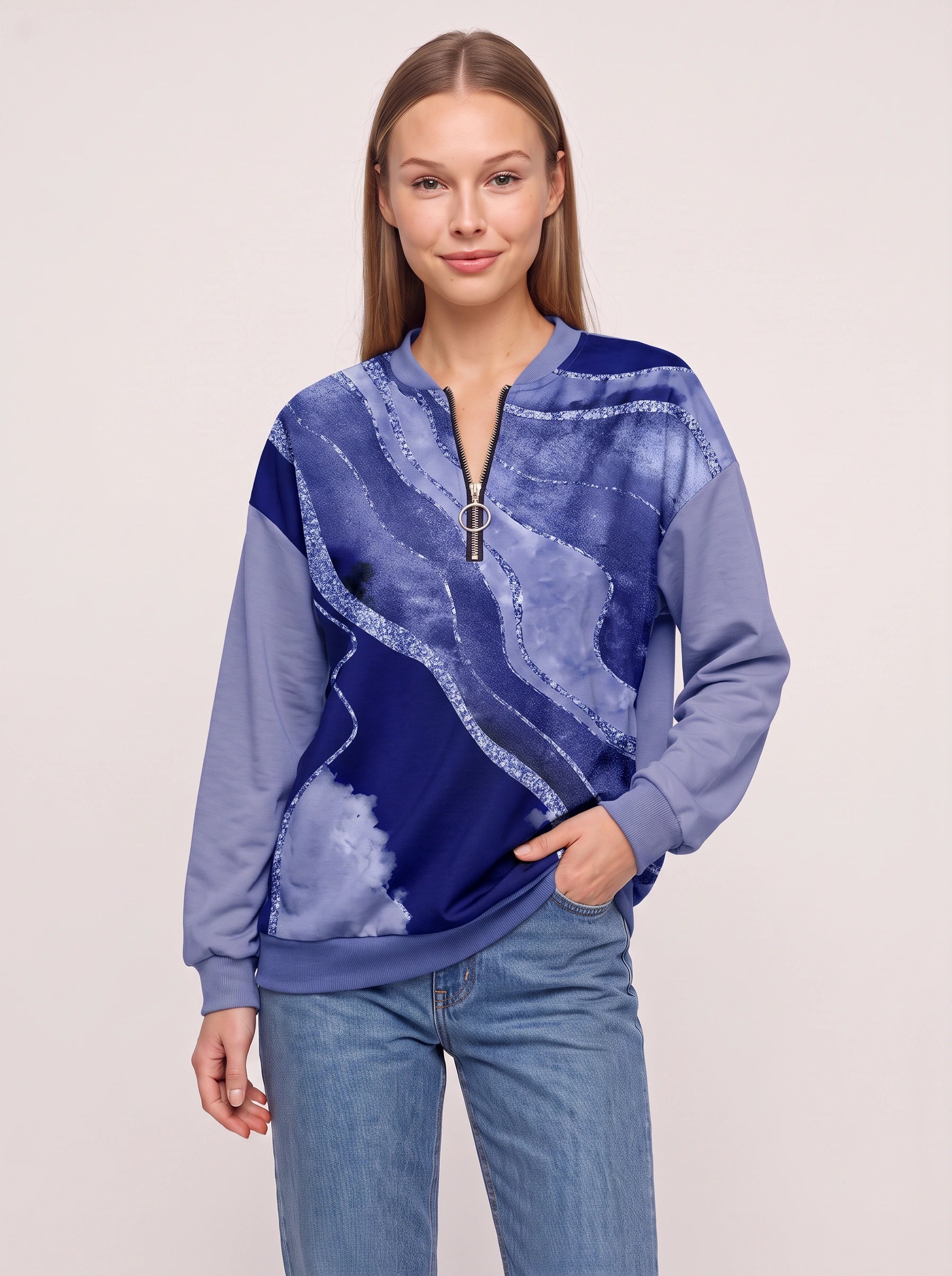 Sweat-shirt Brumonda à sequins et demi-fermeture éclair - imprimé abstrait, col rond, coupe oversize décontractée pour femme, pull d’automne