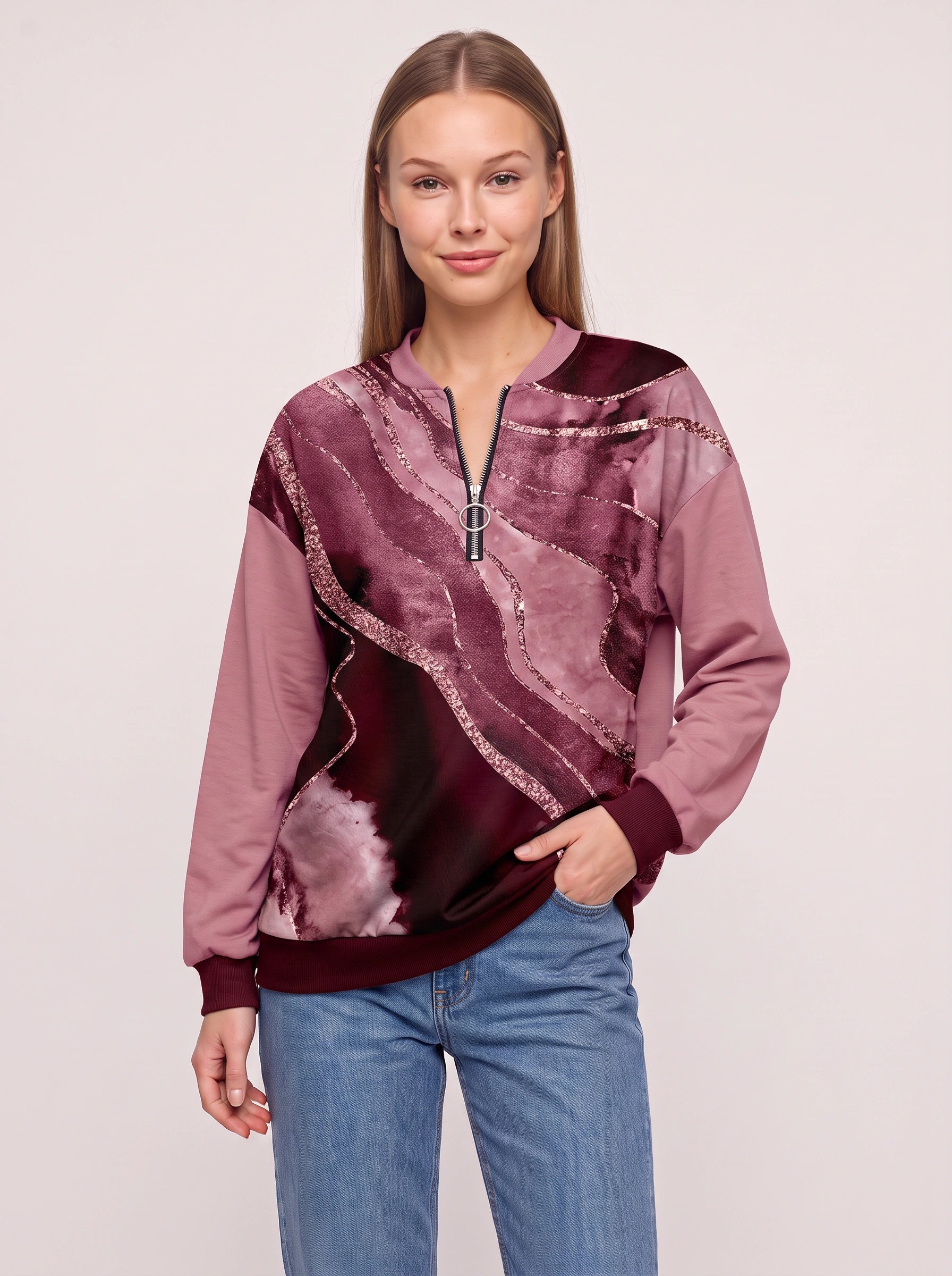 Sweat-shirt Brumonda à sequins et demi-fermeture éclair - imprimé abstrait, col rond, coupe oversize décontractée pour femme, pull d’automne