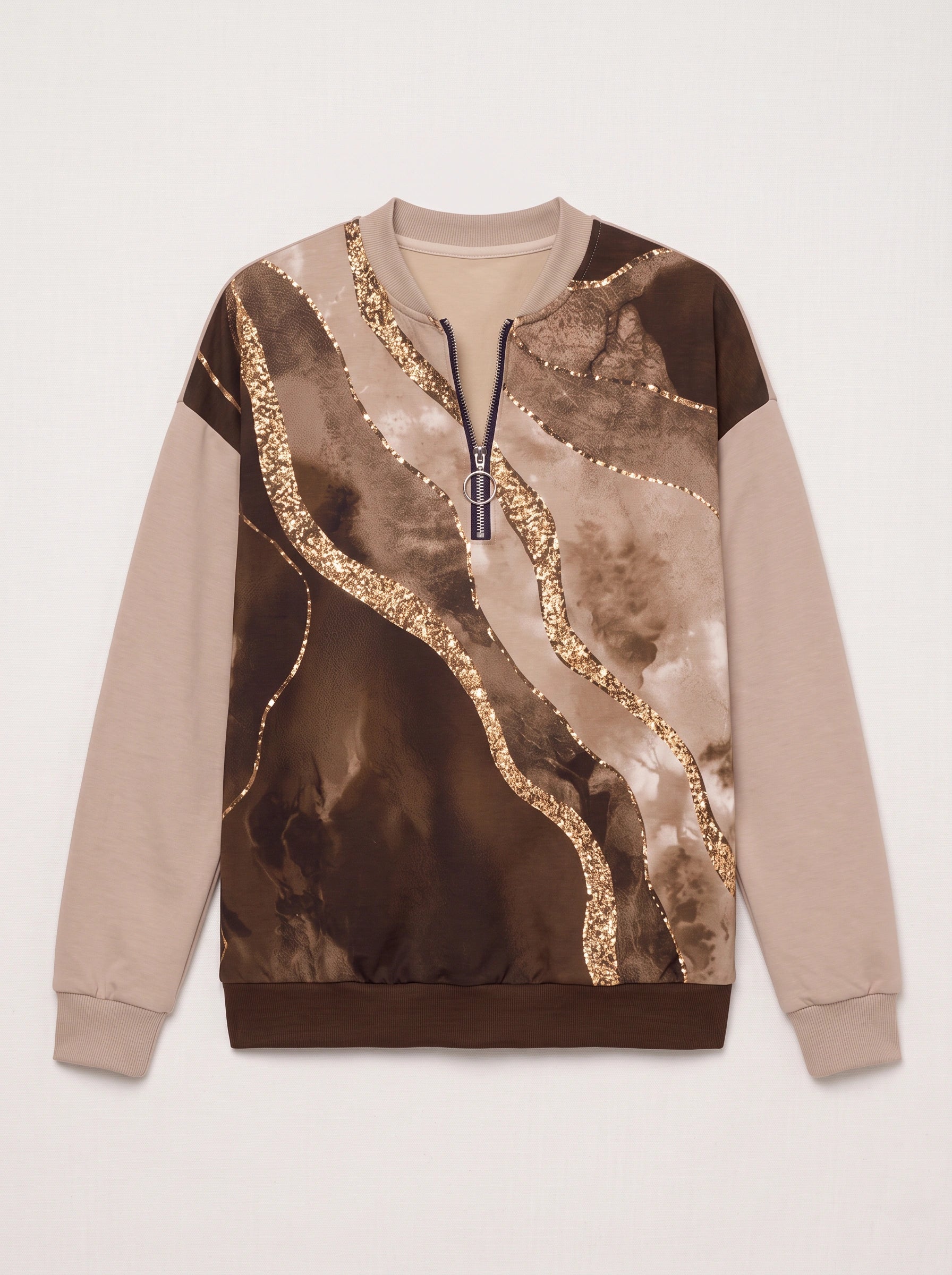 Sweat-shirt Brumonda à sequins et demi-fermeture éclair - imprimé abstrait, col rond, coupe oversize décontractée pour femme, pull d’automne