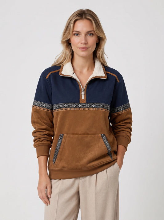 Tribala Colorblock Half-Zip Pullover – Women Sherpa Collar Geometric Trim Relaxed Sweatshirt Fleece