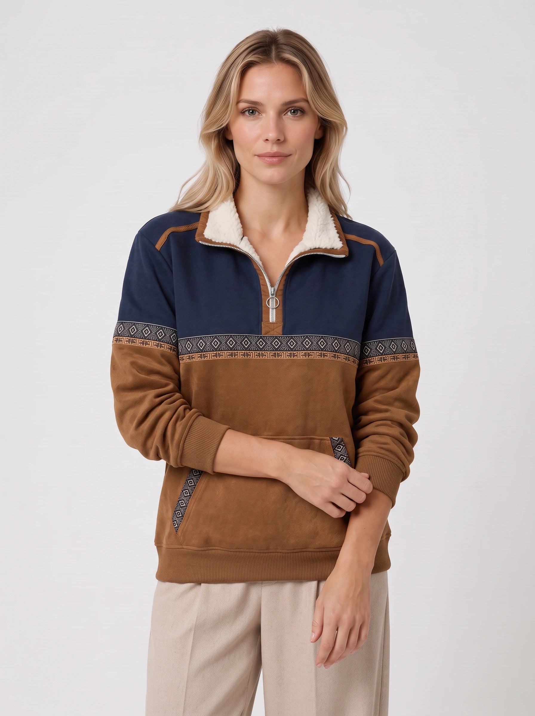 Tribala Colorblock Half-Zip Pullover – Women Sherpa Collar Geometric Trim Relaxed Sweatshirt Fleece