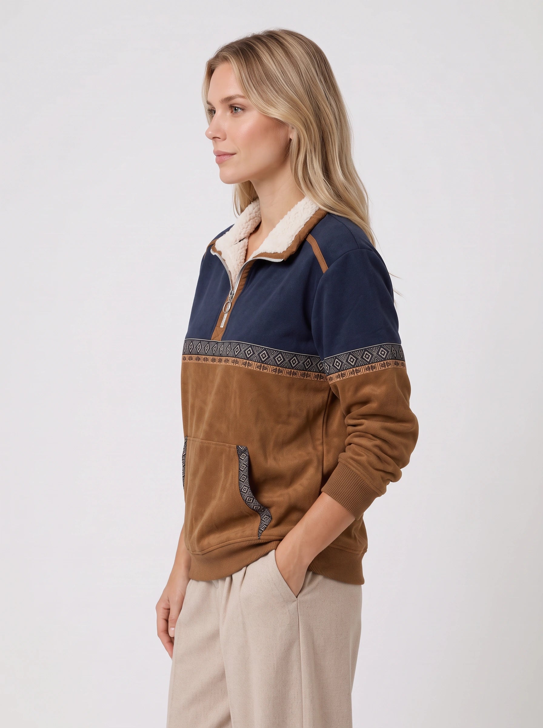 Tribala Colorblock Half-Zip Pullover – Women Sherpa Collar Geometric Trim Relaxed Sweatshirt Fleece