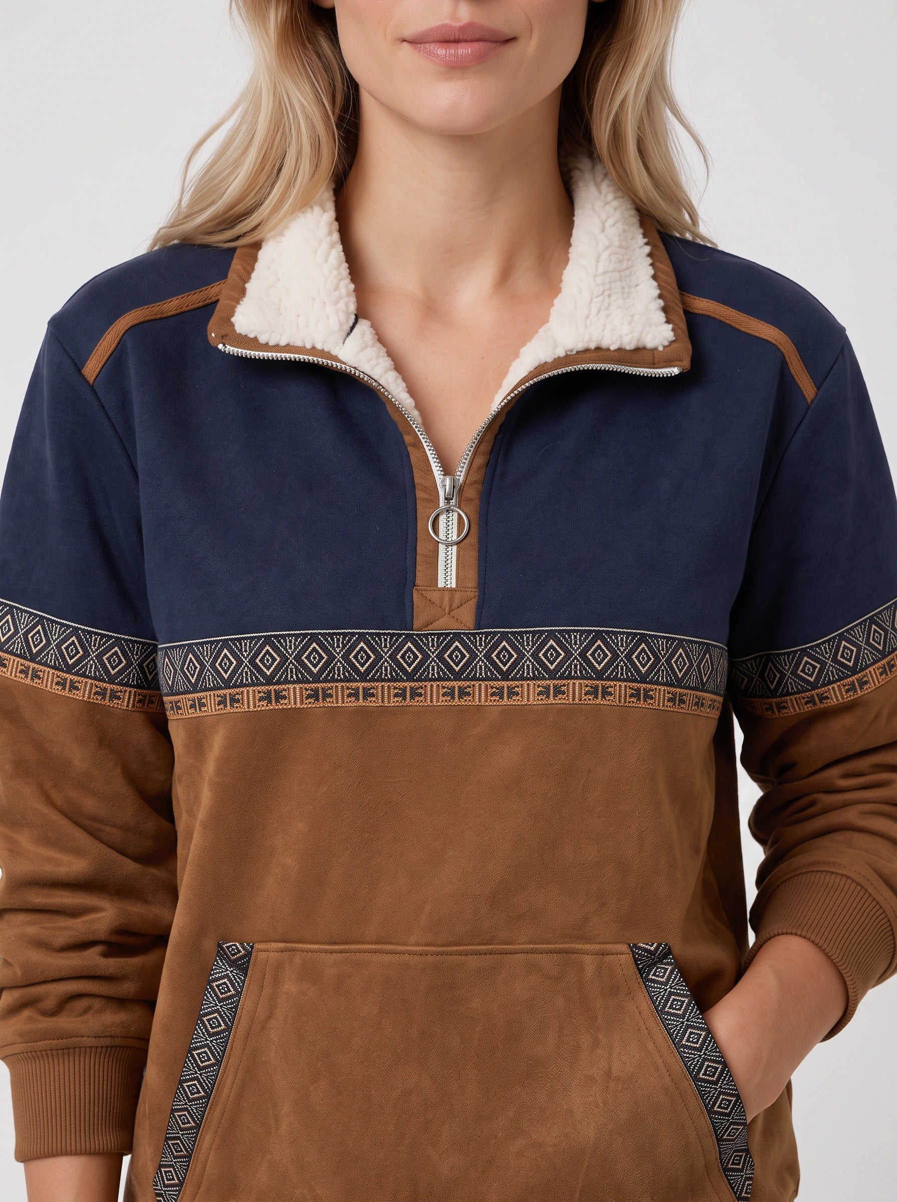 Tribala Colorblock Half-Zip Pullover – Women Sherpa Collar Geometric Trim Relaxed Sweatshirt Fleece