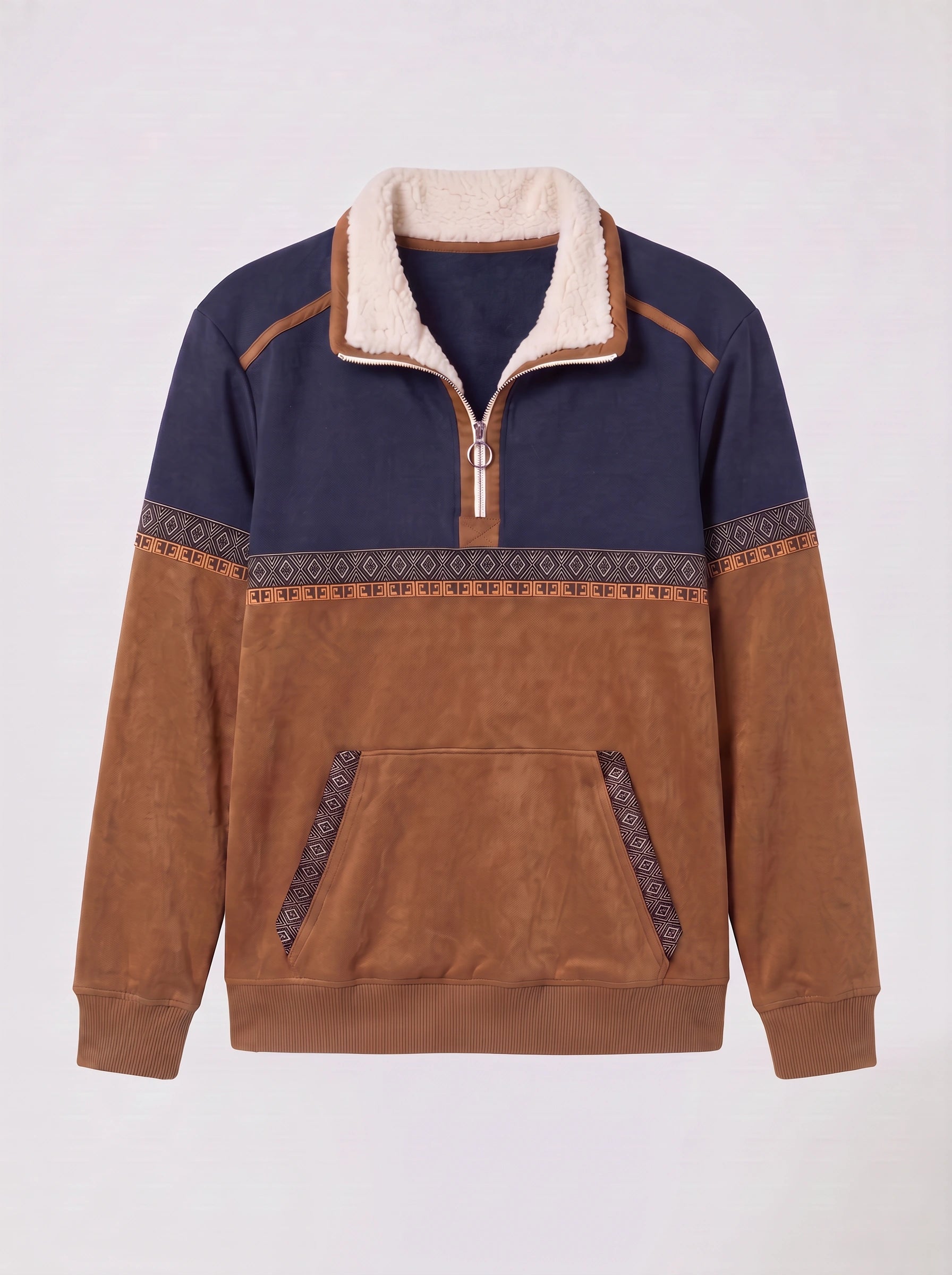 Tribala Colorblock Half-Zip Pullover – Women Sherpa Collar Geometric Trim Relaxed Sweatshirt Fleece