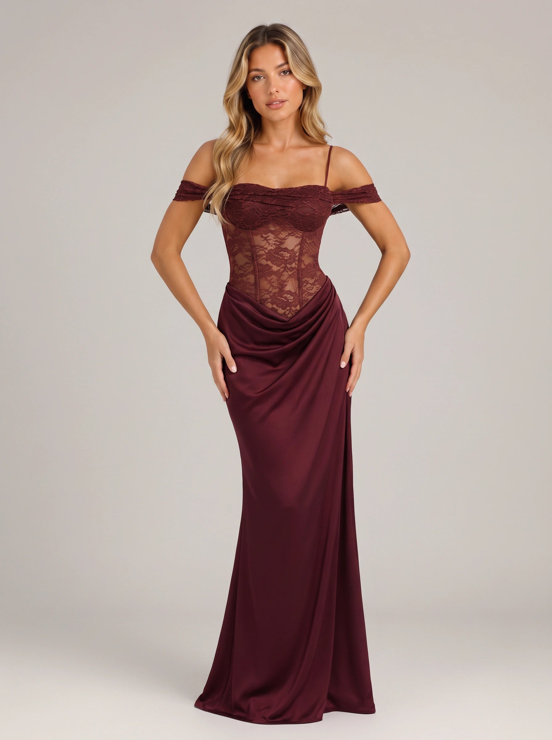 Robe longue Dravinya en dentelle à épaules dénudées - corsage en dentelle, robe formelle longue pour femme, invitée de mariage et soirée