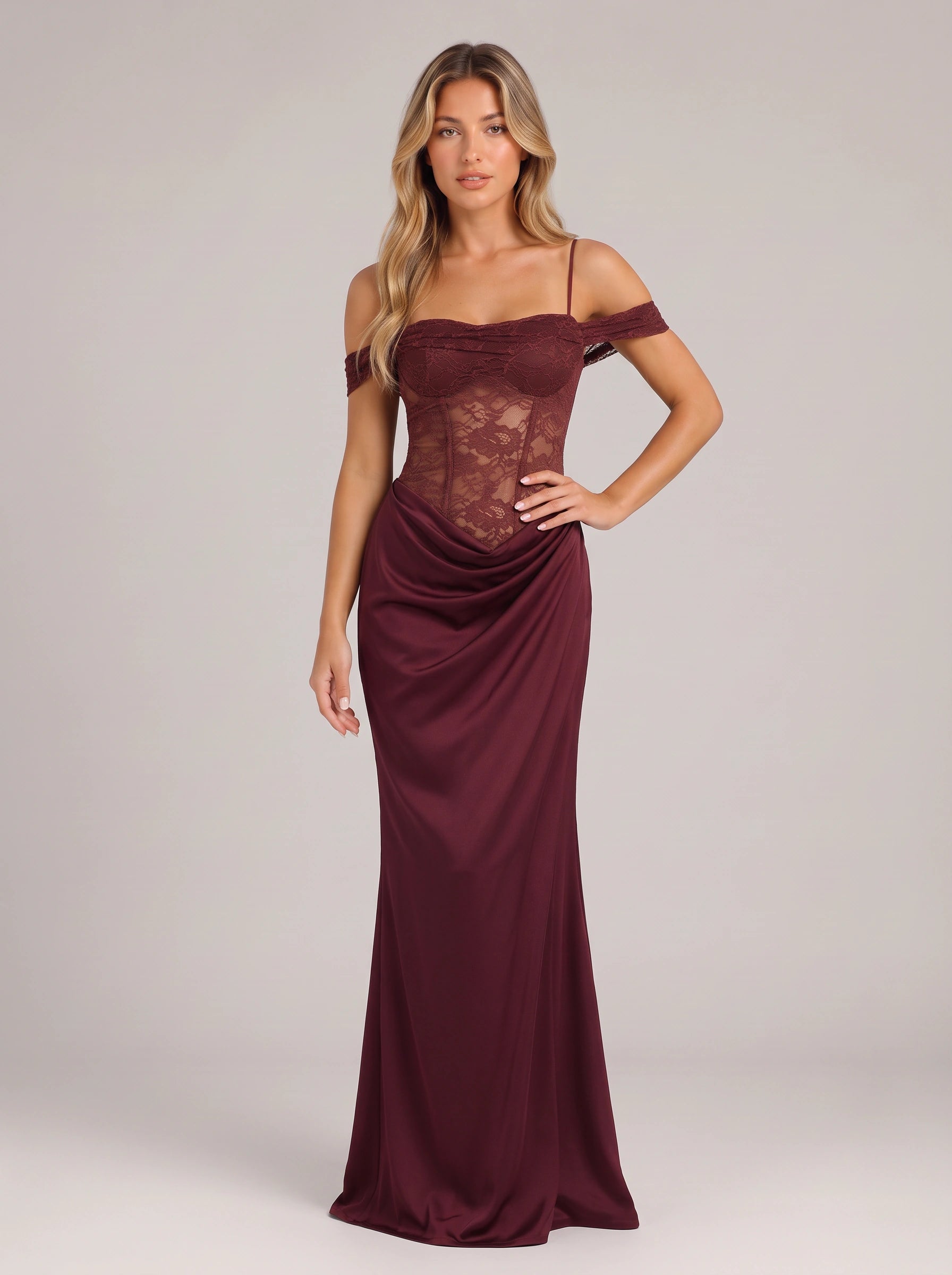 Robe longue Dravinya en dentelle à épaules dénudées - corsage en dentelle, robe formelle longue pour femme, invitée de mariage et soirée