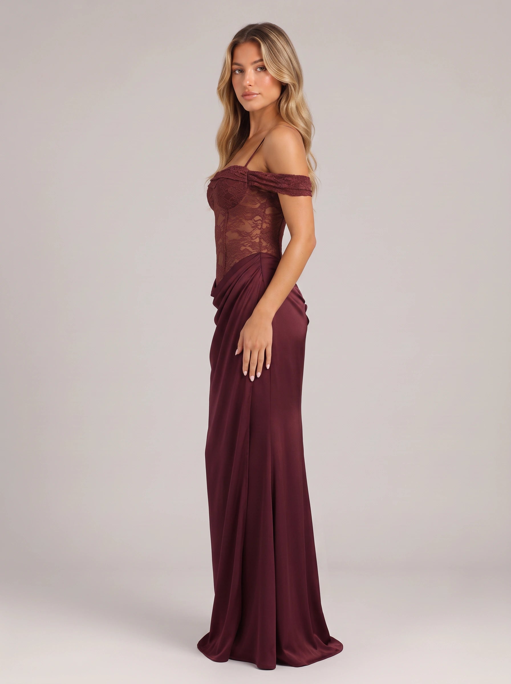 Robe longue Dravinya en dentelle à épaules dénudées - corsage en dentelle, robe formelle longue pour femme, invitée de mariage et soirée