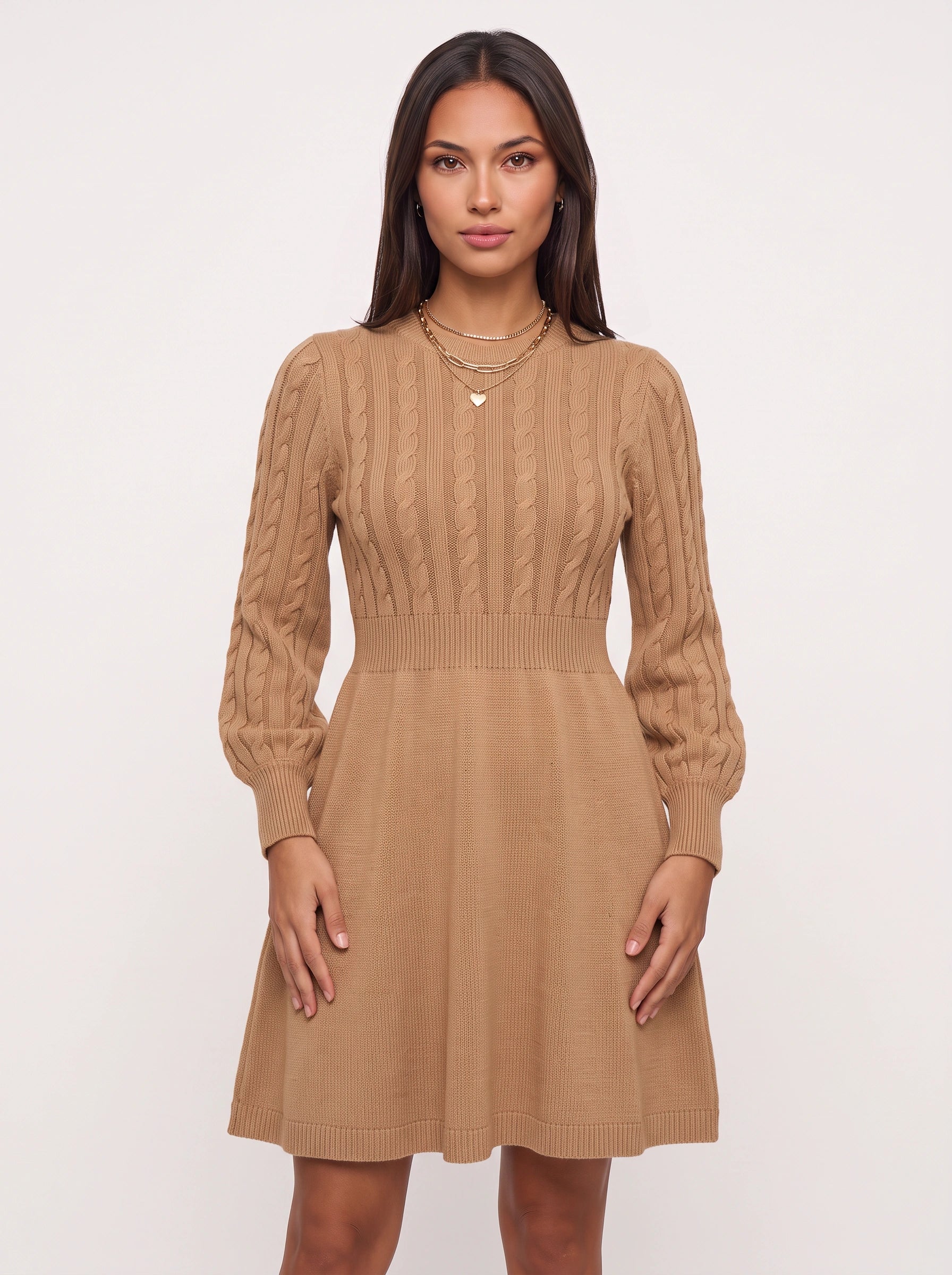 Robe courte Cablora en maille torsadée, coupe évasée - robe-pull à manches longues pour femme, robe courte d’automne de cocktail, professionnelle décontractée