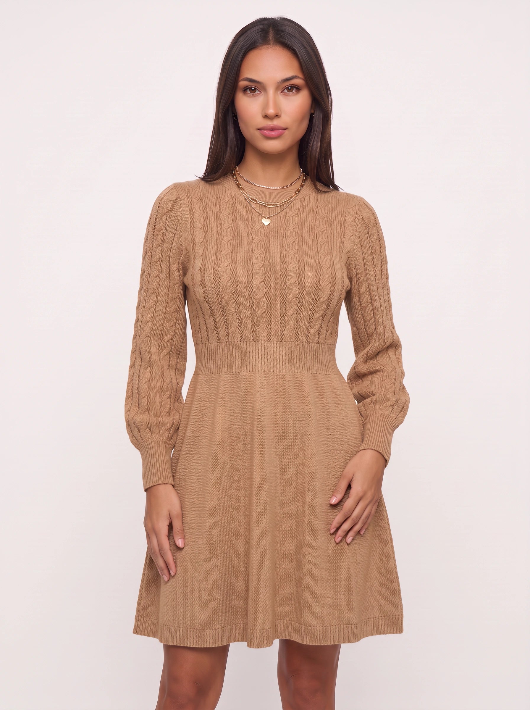 Robe courte Cablora en maille torsadée, coupe évasée - robe-pull à manches longues pour femme, robe courte d’automne de cocktail, professionnelle décontractée