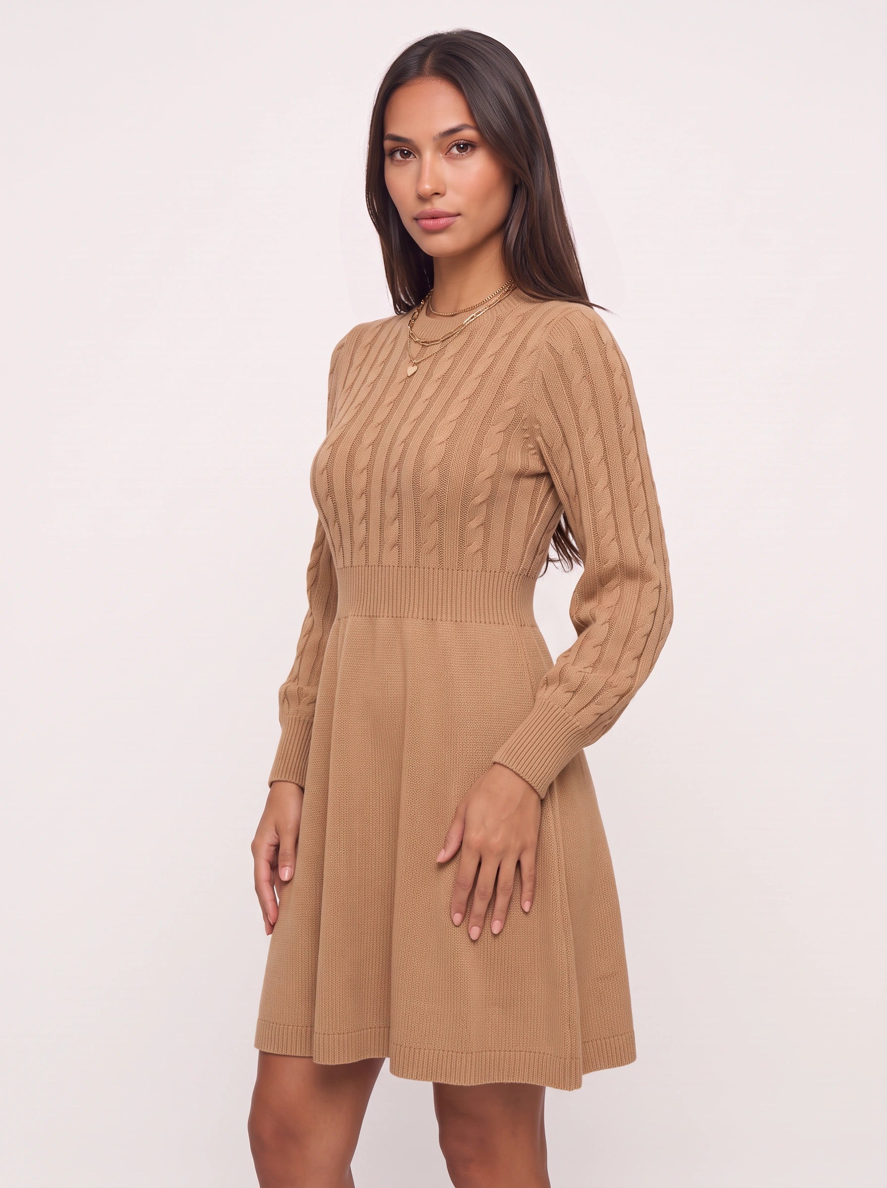 Robe courte Cablora en maille torsadée, coupe évasée - robe-pull à manches longues pour femme, robe courte d’automne de cocktail, professionnelle décontractée
