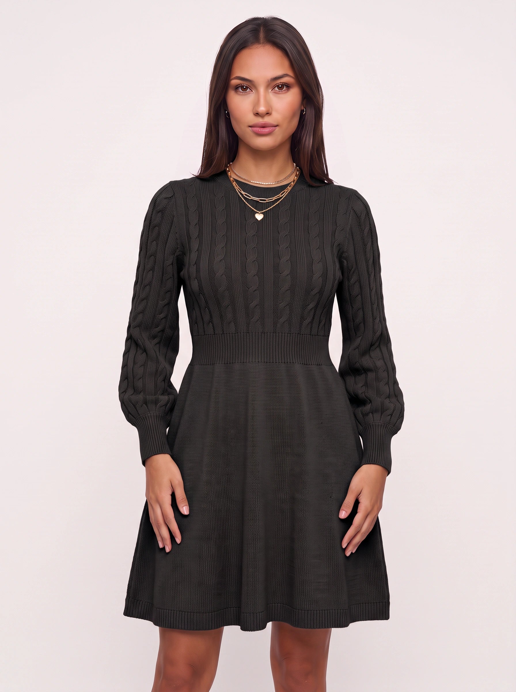 Robe courte Cablora en maille torsadée, coupe évasée - robe-pull à manches longues pour femme, robe courte d’automne de cocktail, professionnelle décontractée