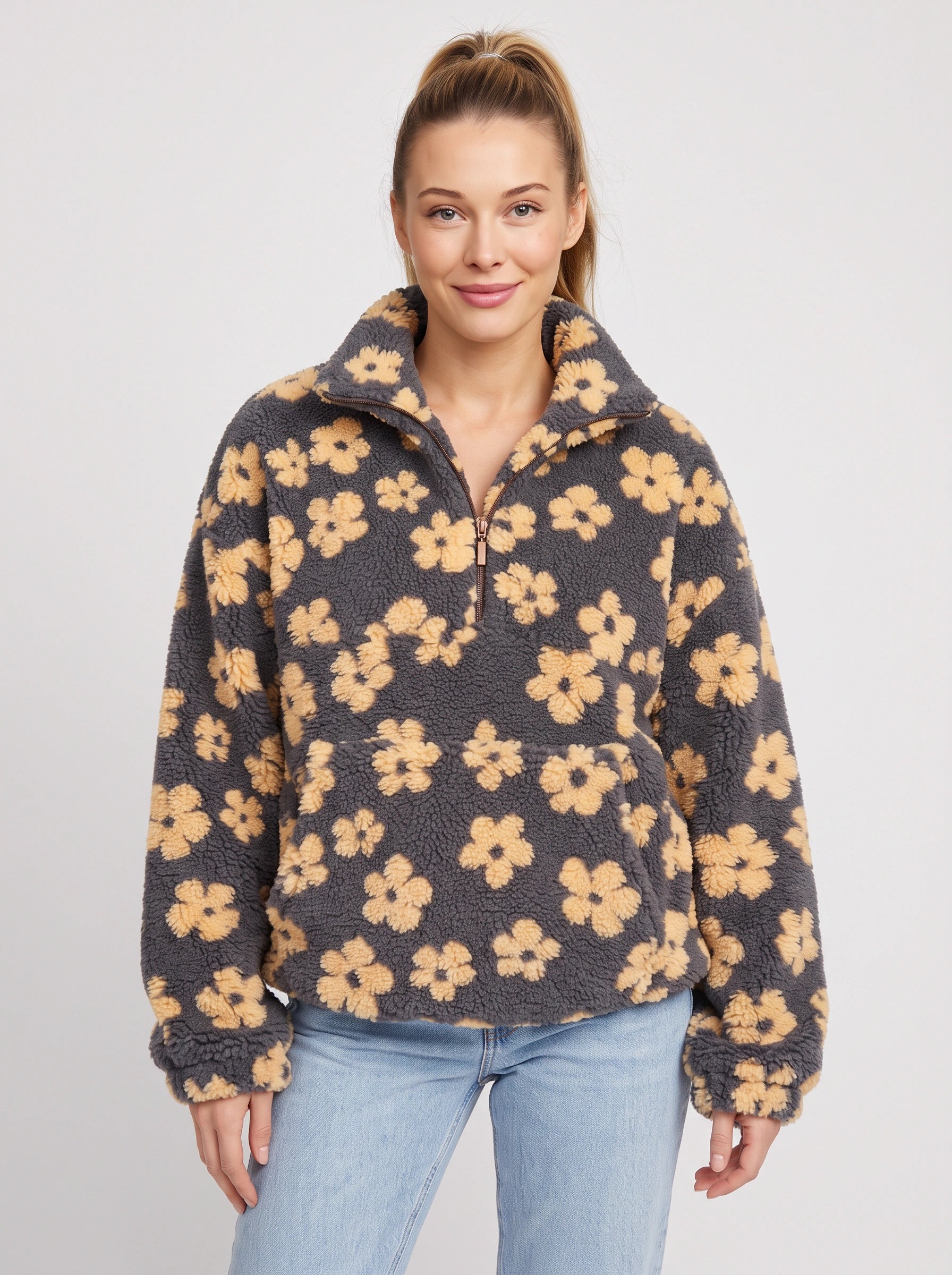 Pull Fiorami fleuri en sherpa à demi-fermeture éclair - veste oversize en polaire pour femme, veste matelassée douillette et décontractée pour l’automne