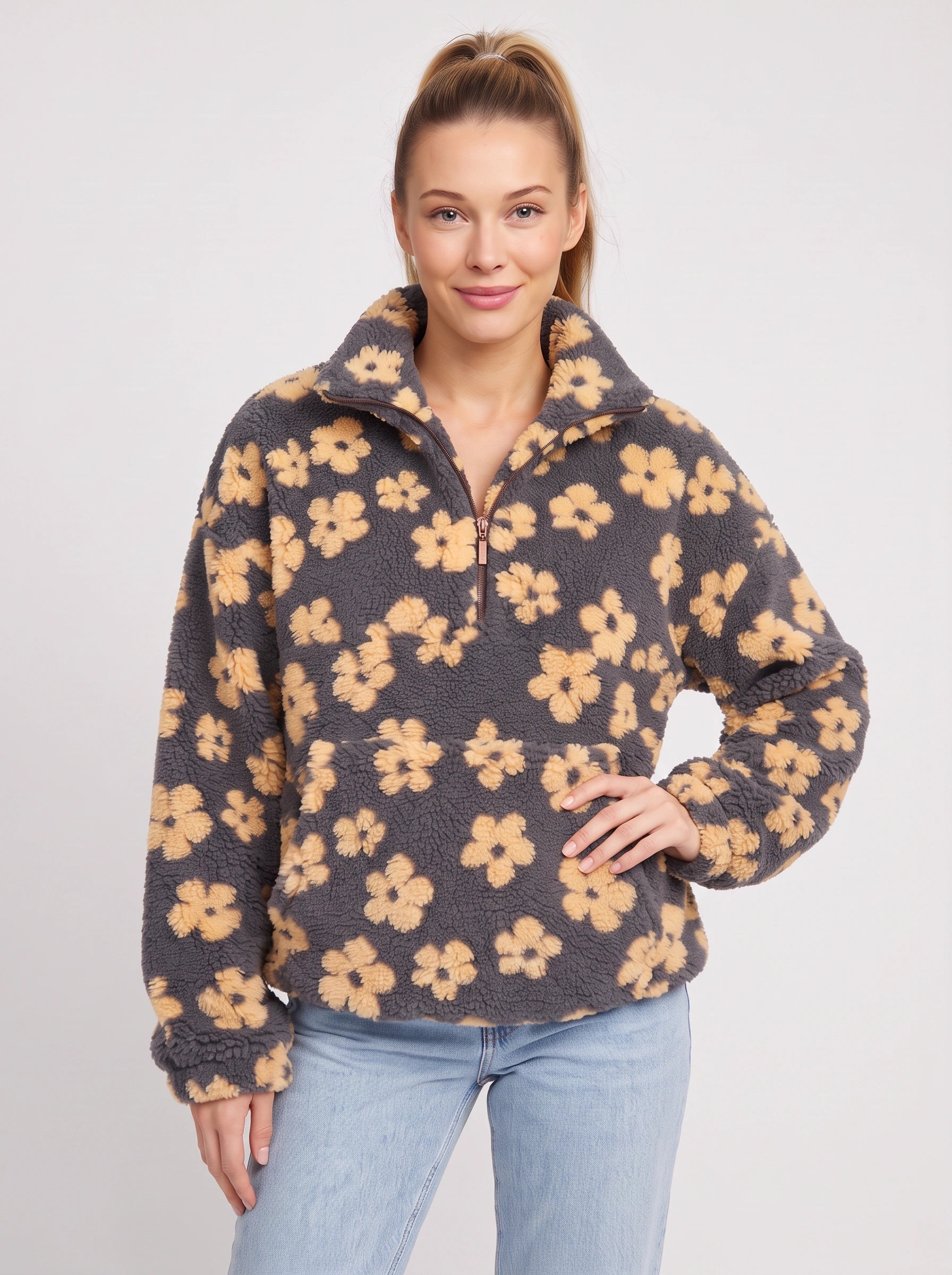 Pull Fiorami fleuri en sherpa à demi-fermeture éclair - veste oversize en polaire pour femme, veste matelassée douillette et décontractée pour l’automne