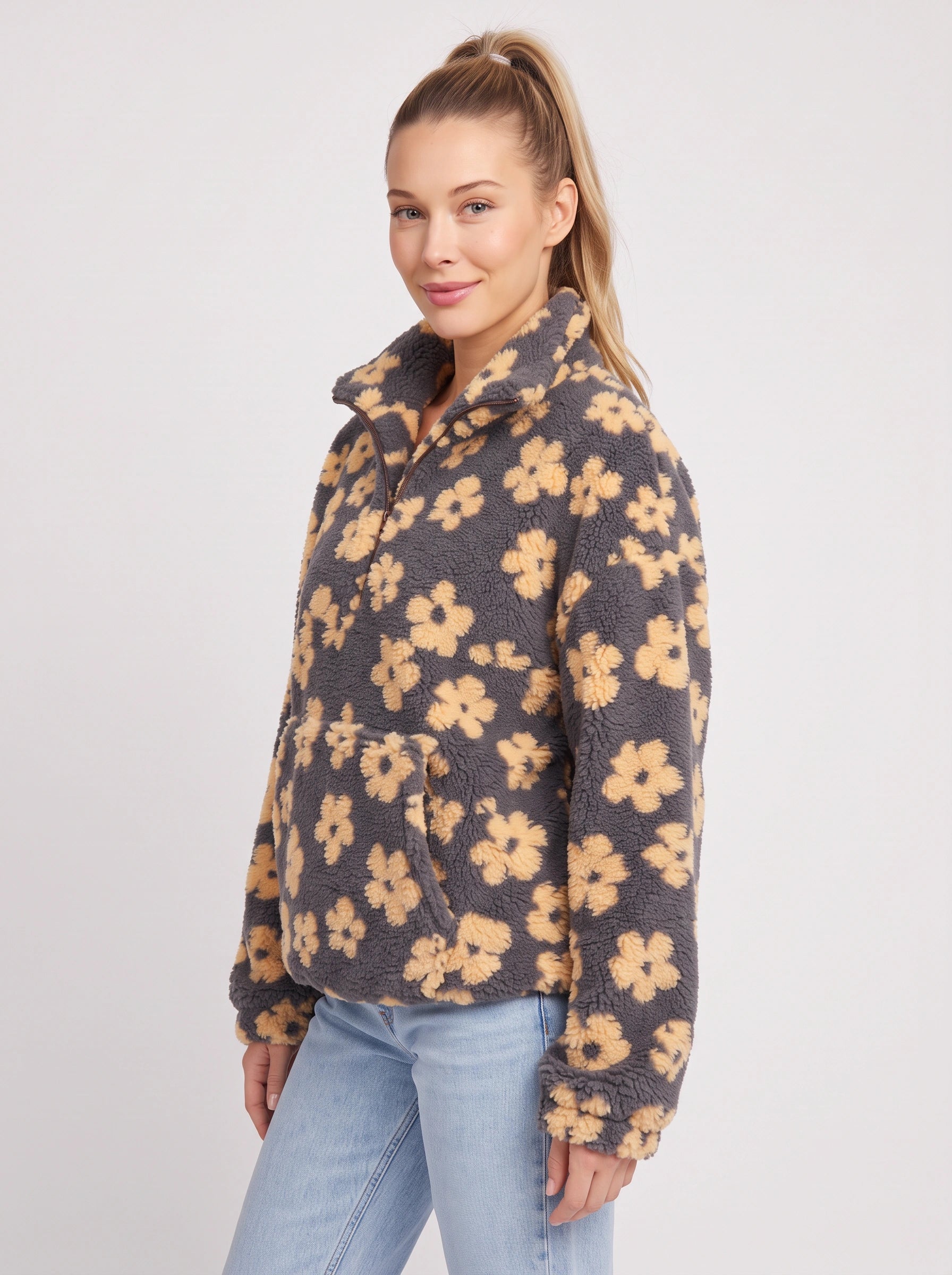 Pull Fiorami fleuri en sherpa à demi-fermeture éclair - veste oversize en polaire pour femme, veste matelassée douillette et décontractée pour l’automne