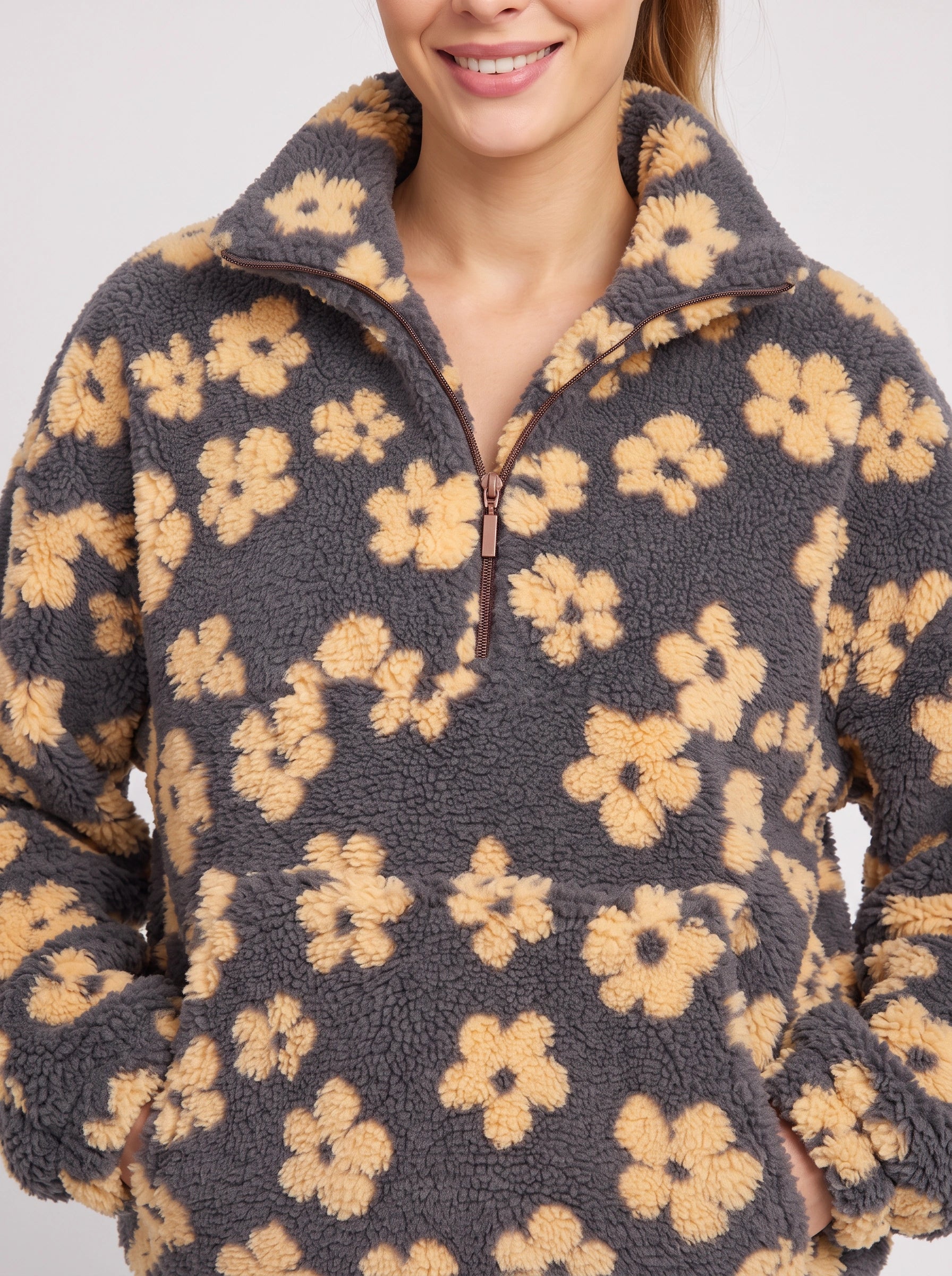 Pull Fiorami fleuri en sherpa à demi-fermeture éclair - veste oversize en polaire pour femme, veste matelassée douillette et décontractée pour l’automne