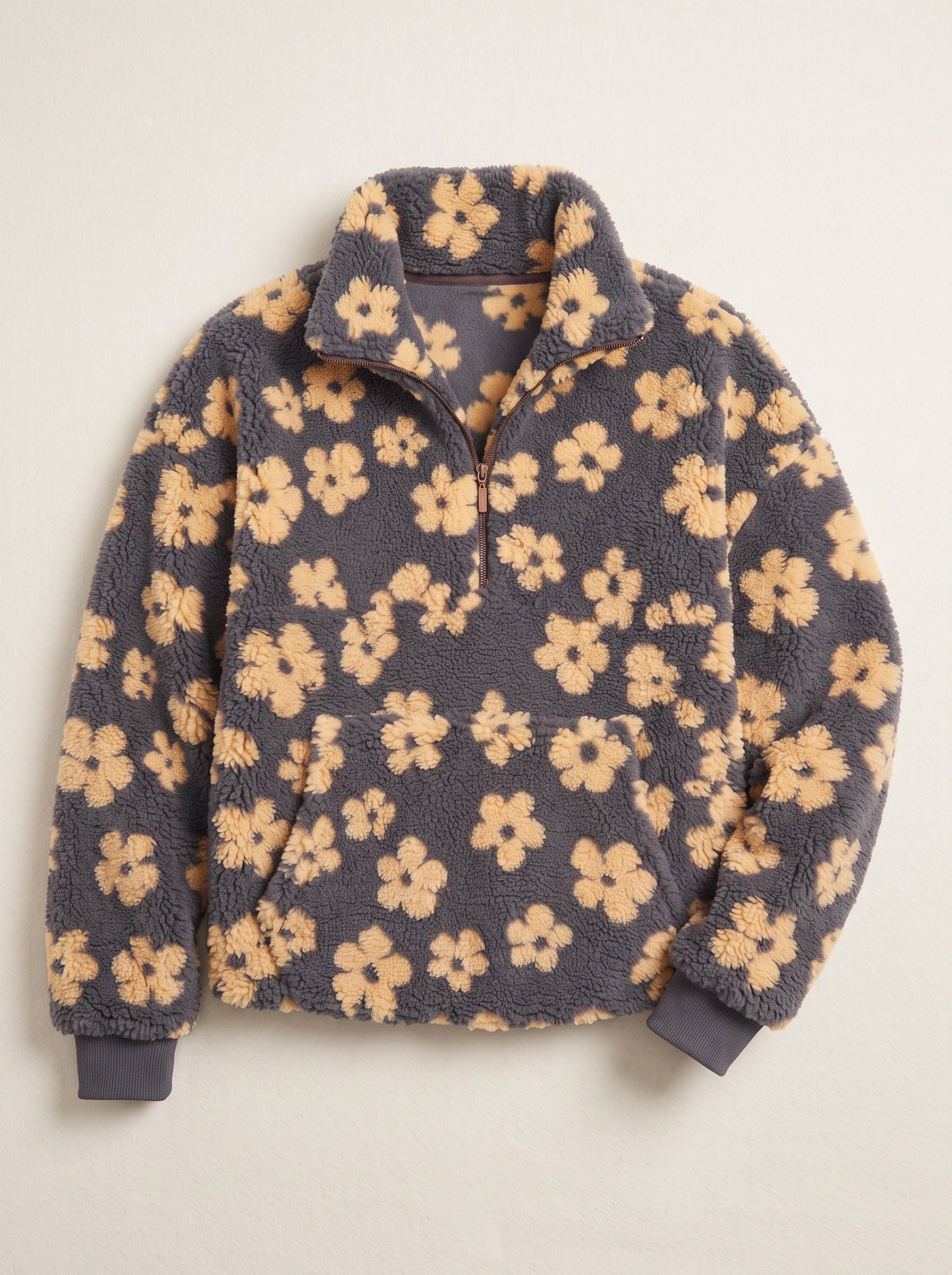 Pull Fiorami fleuri en sherpa à demi-fermeture éclair - veste oversize en polaire pour femme, veste matelassée douillette et décontractée pour l’automne