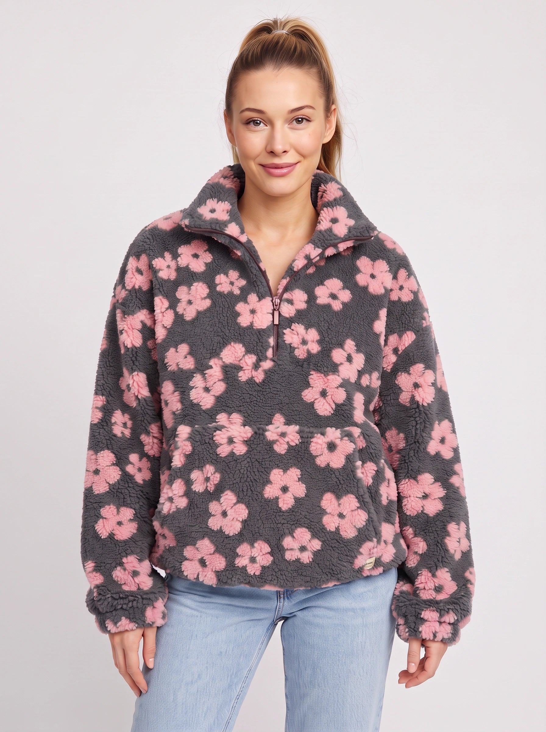 Pull Fiorami fleuri en sherpa à demi-fermeture éclair - veste oversize en polaire pour femme, veste matelassée douillette et décontractée pour l’automne