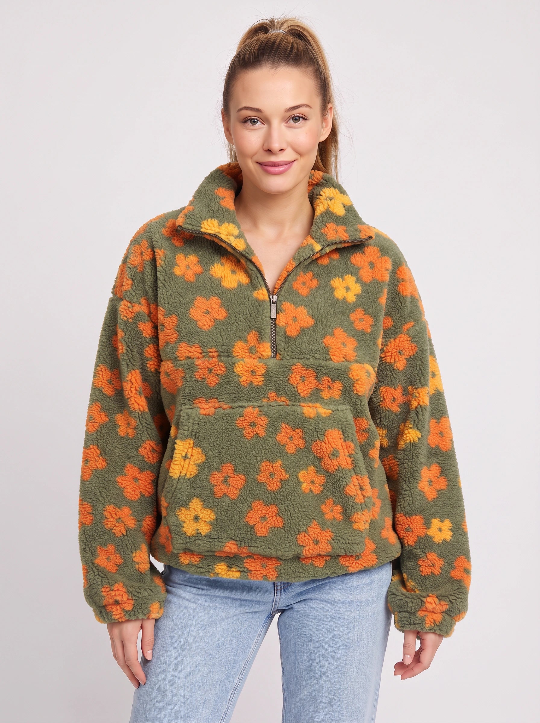 Pull Fiorami fleuri en sherpa à demi-fermeture éclair - veste oversize en polaire pour femme, veste matelassée douillette et décontractée pour l’automne