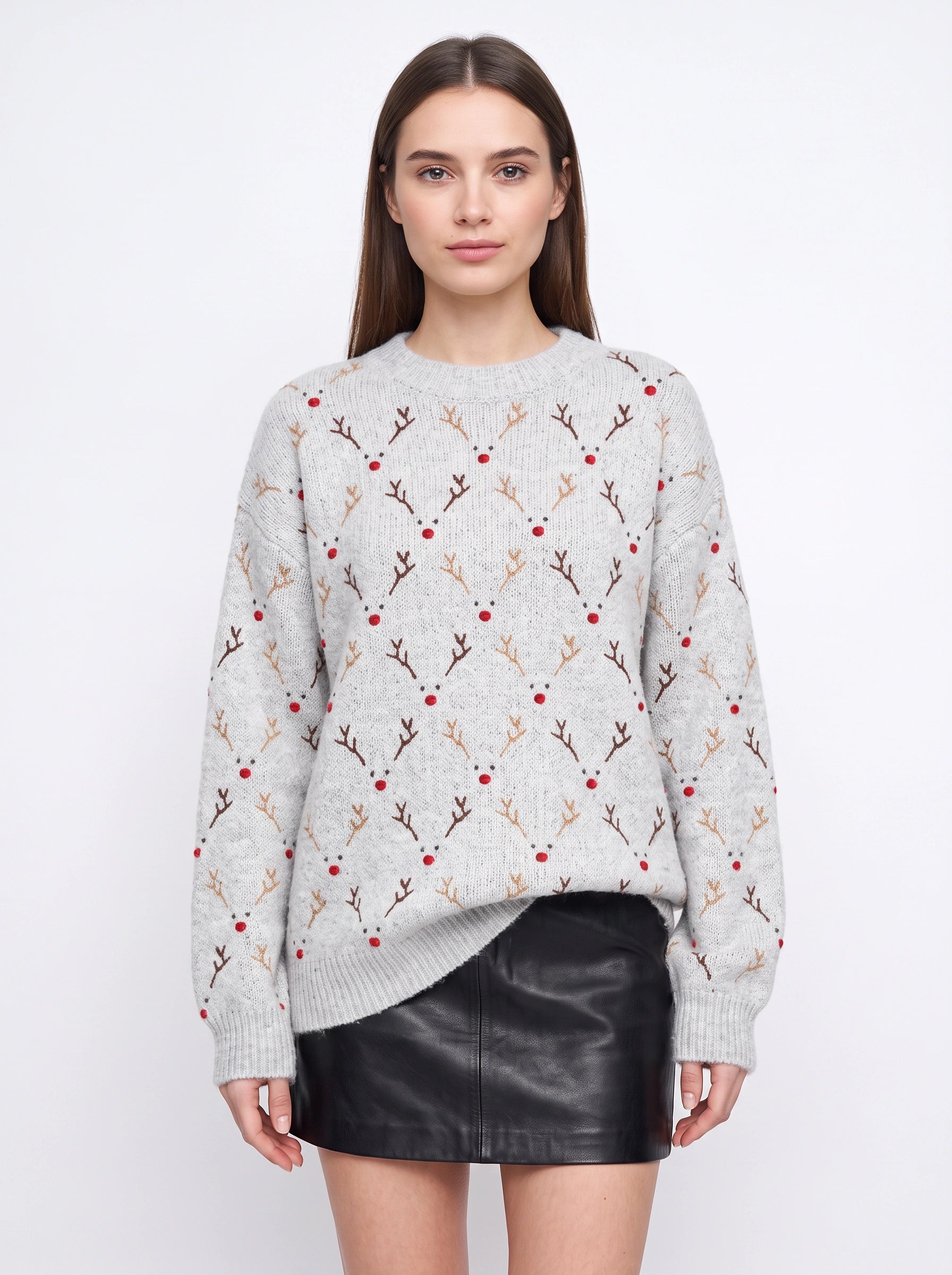 Rennaro Reindeer Embroidered Knit Sweater – Women Fair Isle Holiday Crew Neck Oversized Knitted Jumper