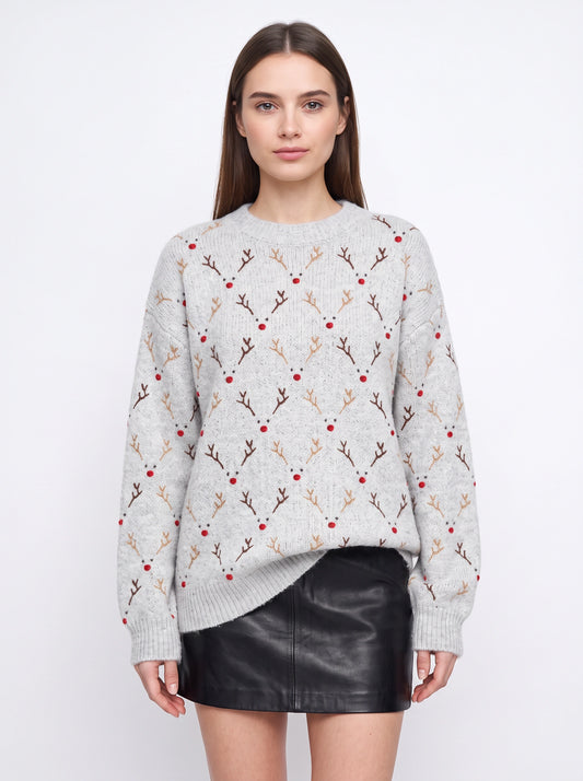 Rennaro Reindeer Embroidered Knit Sweater – Women Fair Isle Holiday Crew Neck Oversized Knitted Jumper