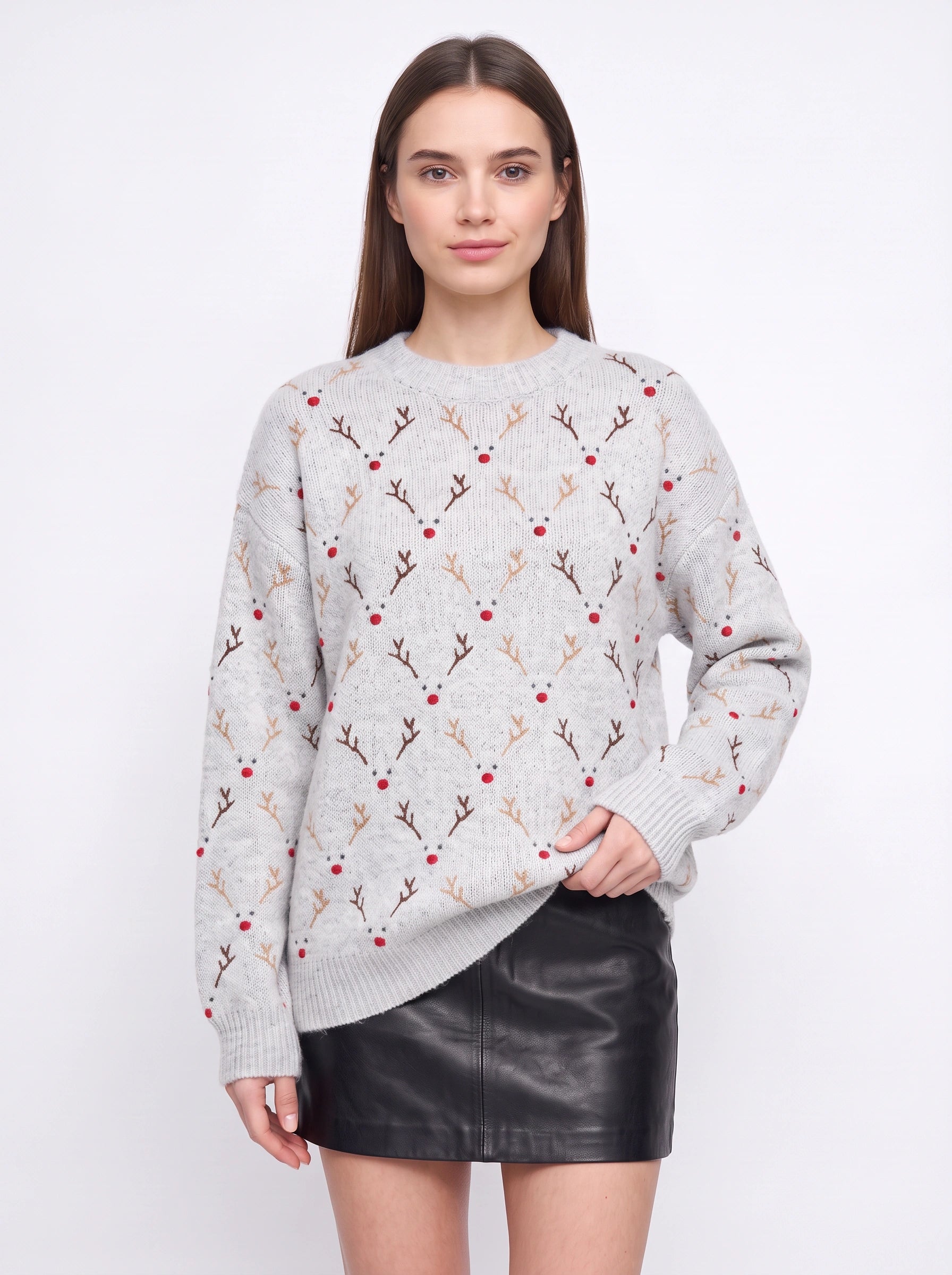 Rennaro Reindeer Embroidered Knit Sweater – Women Fair Isle Holiday Crew Neck Oversized Knitted Jumper