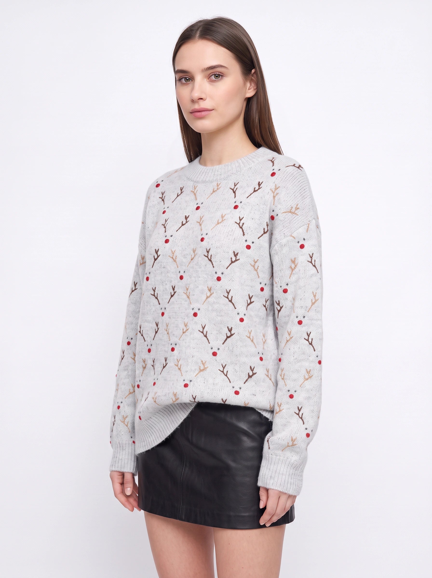 Rennaro Reindeer Embroidered Knit Sweater – Women Fair Isle Holiday Crew Neck Oversized Knitted Jumper