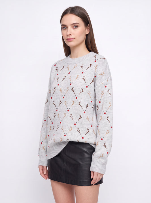 Rennaro Reindeer Embroidered Knit Sweater – Women Fair Isle Holiday Crew Neck Oversized Knitted Jumper