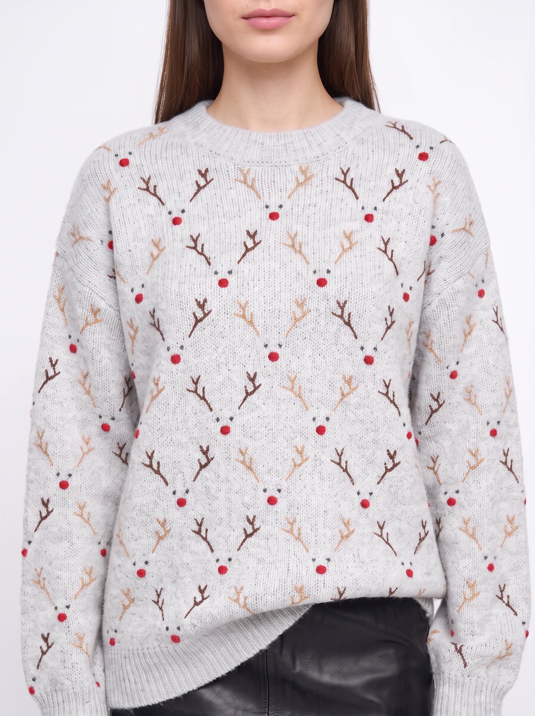 Rennaro Reindeer Embroidered Knit Sweater – Women Fair Isle Holiday Crew Neck Oversized Knitted Jumper