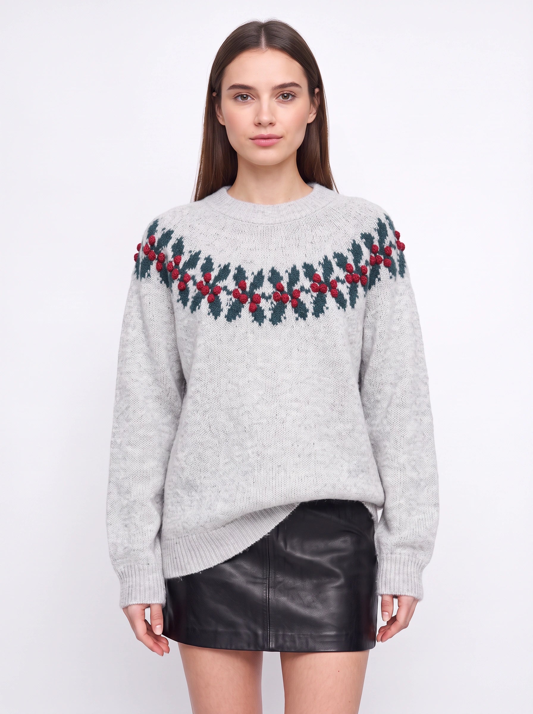 Rennaro Reindeer Embroidered Knit Sweater – Women Fair Isle Holiday Crew Neck Oversized Knitted Jumper