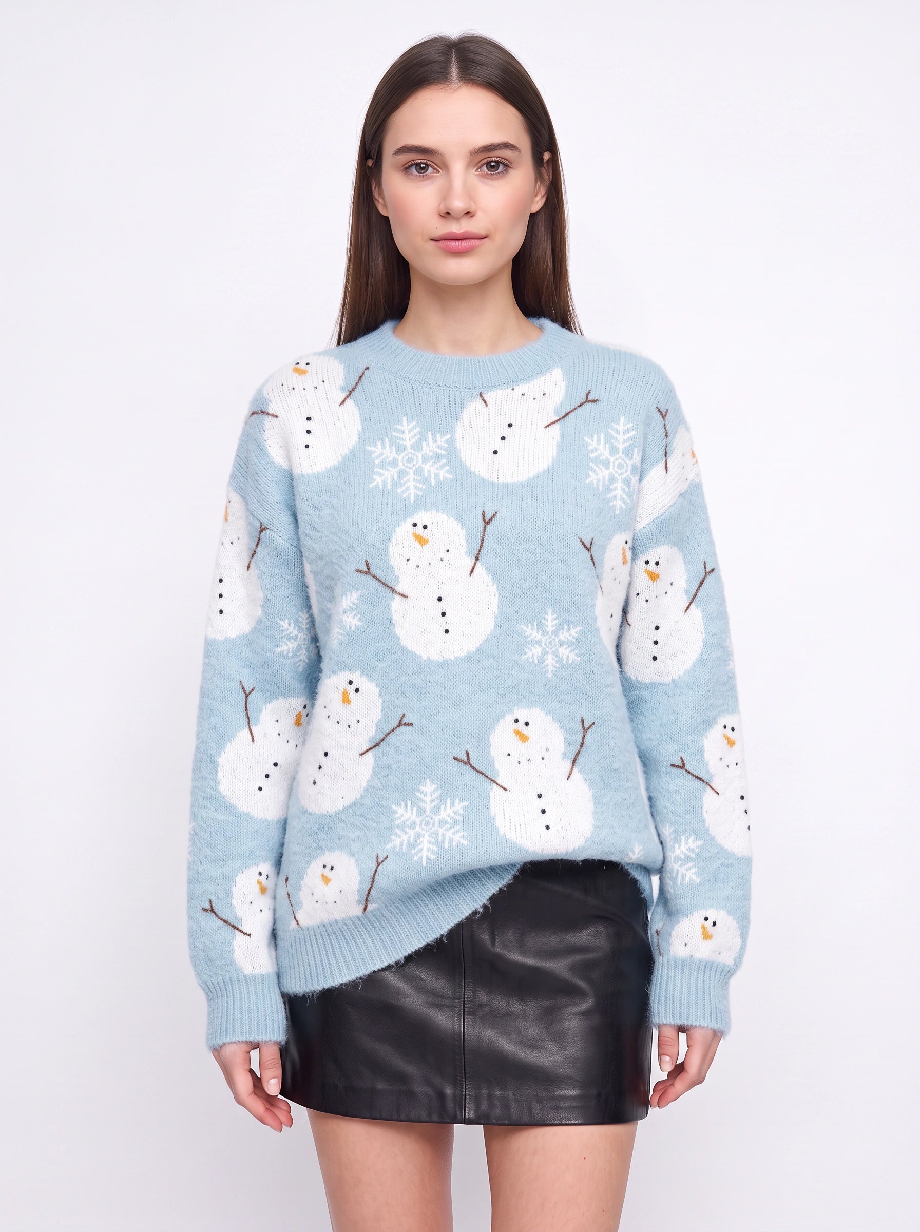 Rennaro Reindeer Embroidered Knit Sweater – Women Fair Isle Holiday Crew Neck Oversized Knitted Jumper