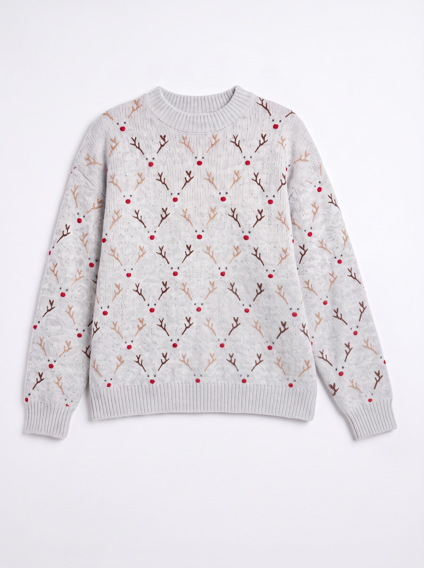 Rennaro Reindeer Embroidered Knit Sweater – Women Fair Isle Holiday Crew Neck Oversized Knitted Jumper