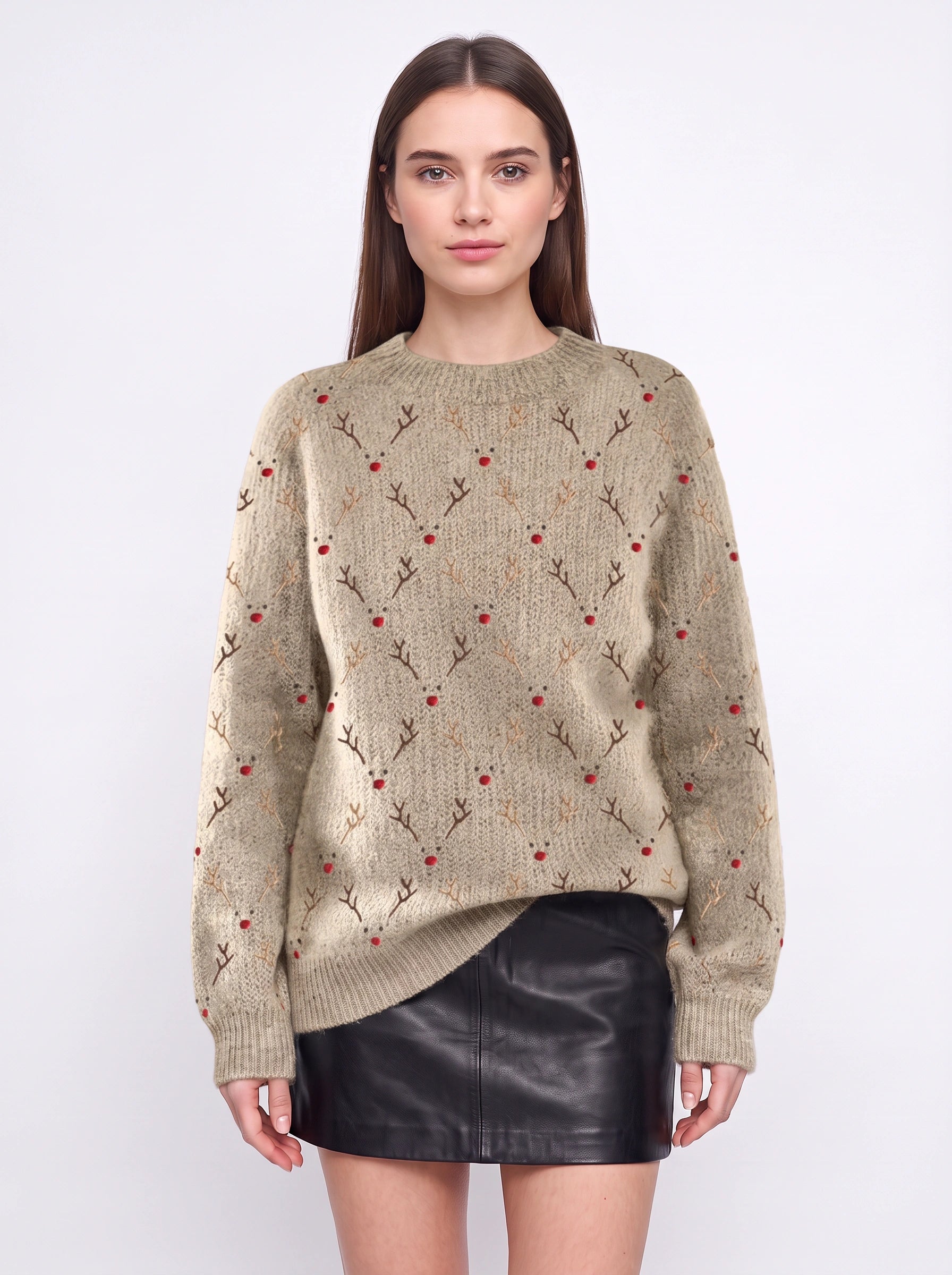 Rennaro Reindeer Embroidered Knit Sweater – Women Fair Isle Holiday Crew Neck Oversized Knitted Jumper