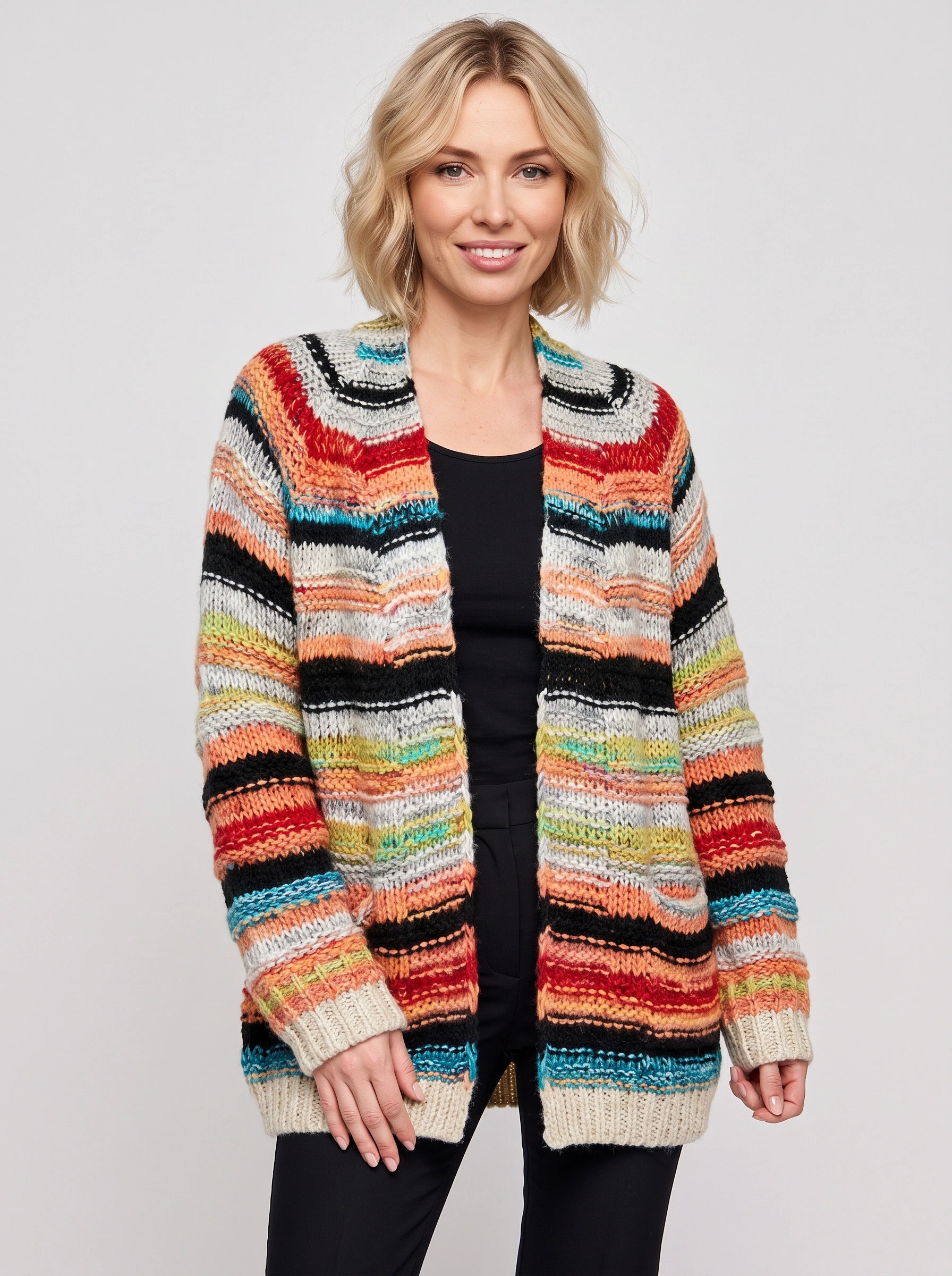 Cardigan long Bandara en maille ouverte - pull oversize rayé pour femme, cardigan épais d’automne, style bohème décontracté