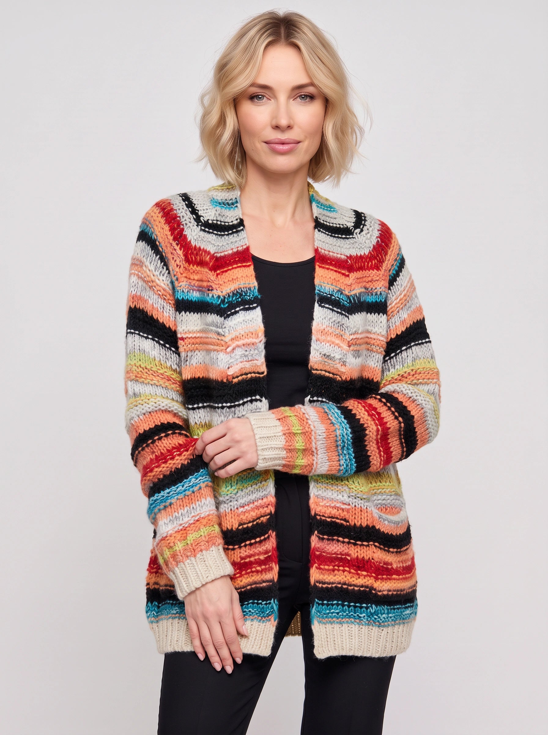 Cardigan long Bandara en maille ouverte - pull oversize rayé pour femme, cardigan épais d’automne, style bohème décontracté