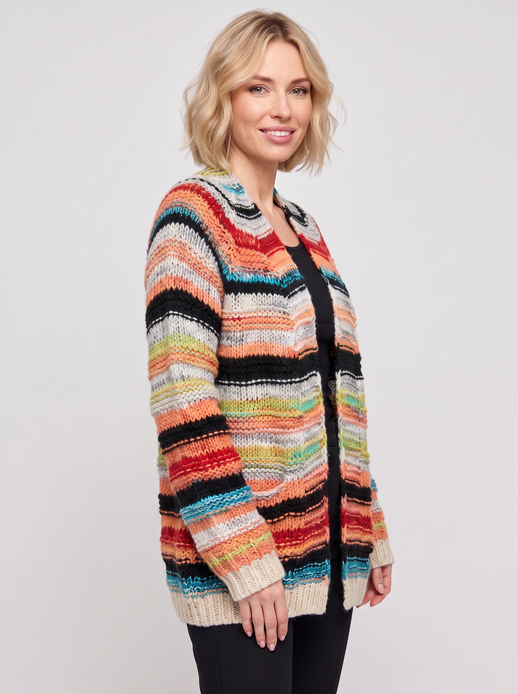 Cardigan long Bandara en maille ouverte - pull oversize rayé pour femme, cardigan épais d’automne, style bohème décontracté