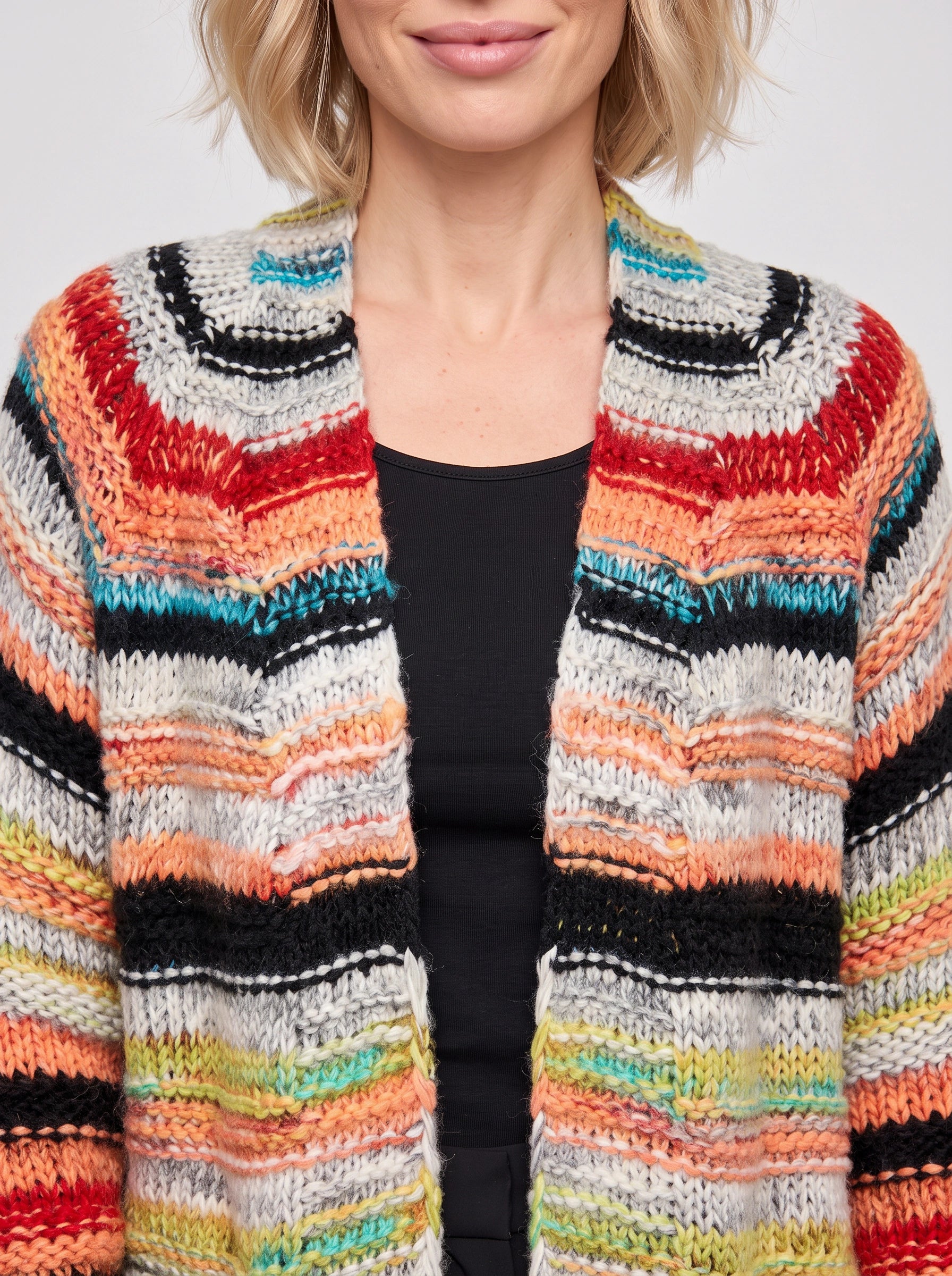Cardigan long Bandara en maille ouverte - pull oversize rayé pour femme, cardigan épais d’automne, style bohème décontracté