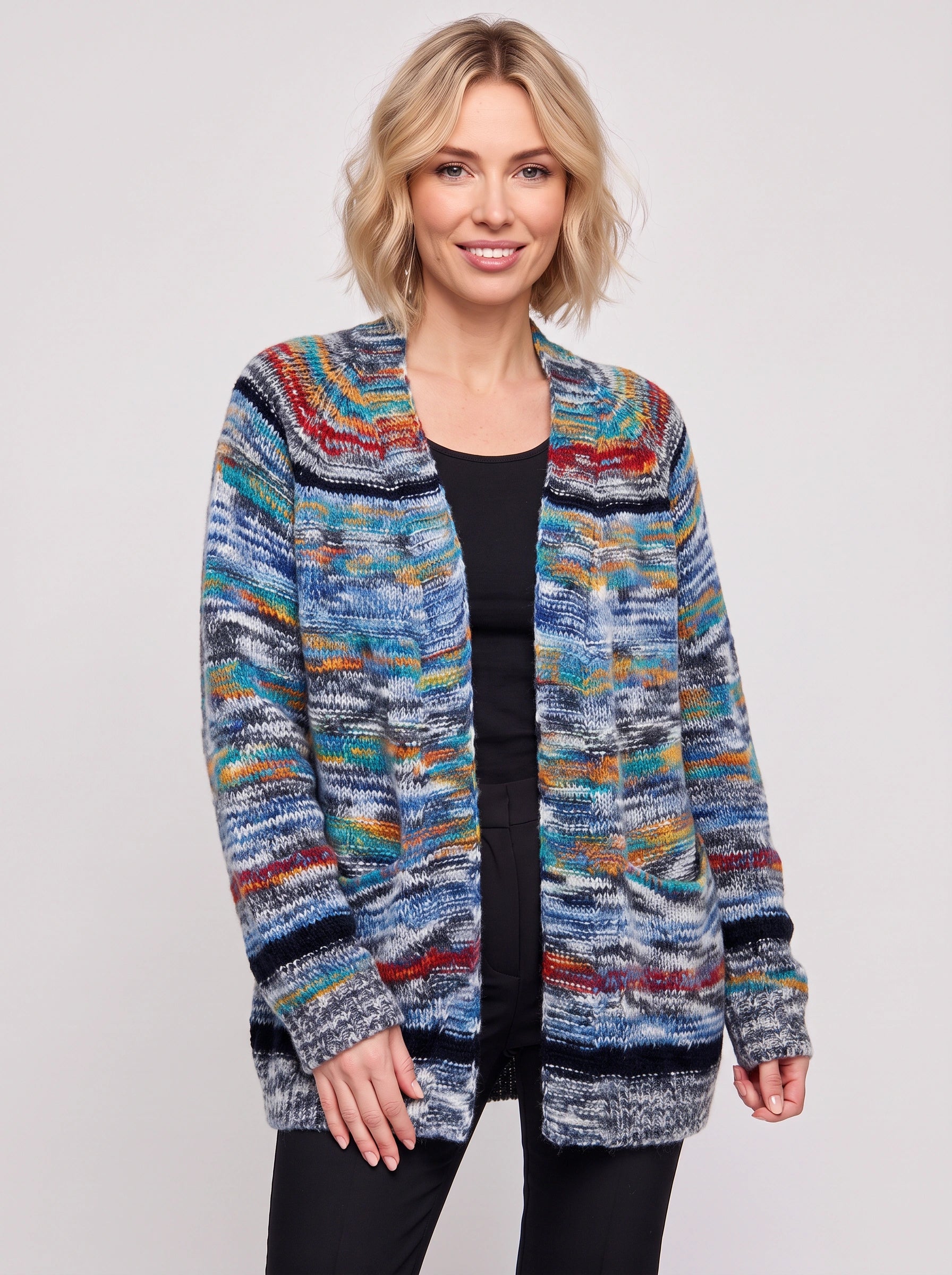 Cardigan long Bandara en maille ouverte - pull oversize rayé pour femme, cardigan épais d’automne, style bohème décontracté
