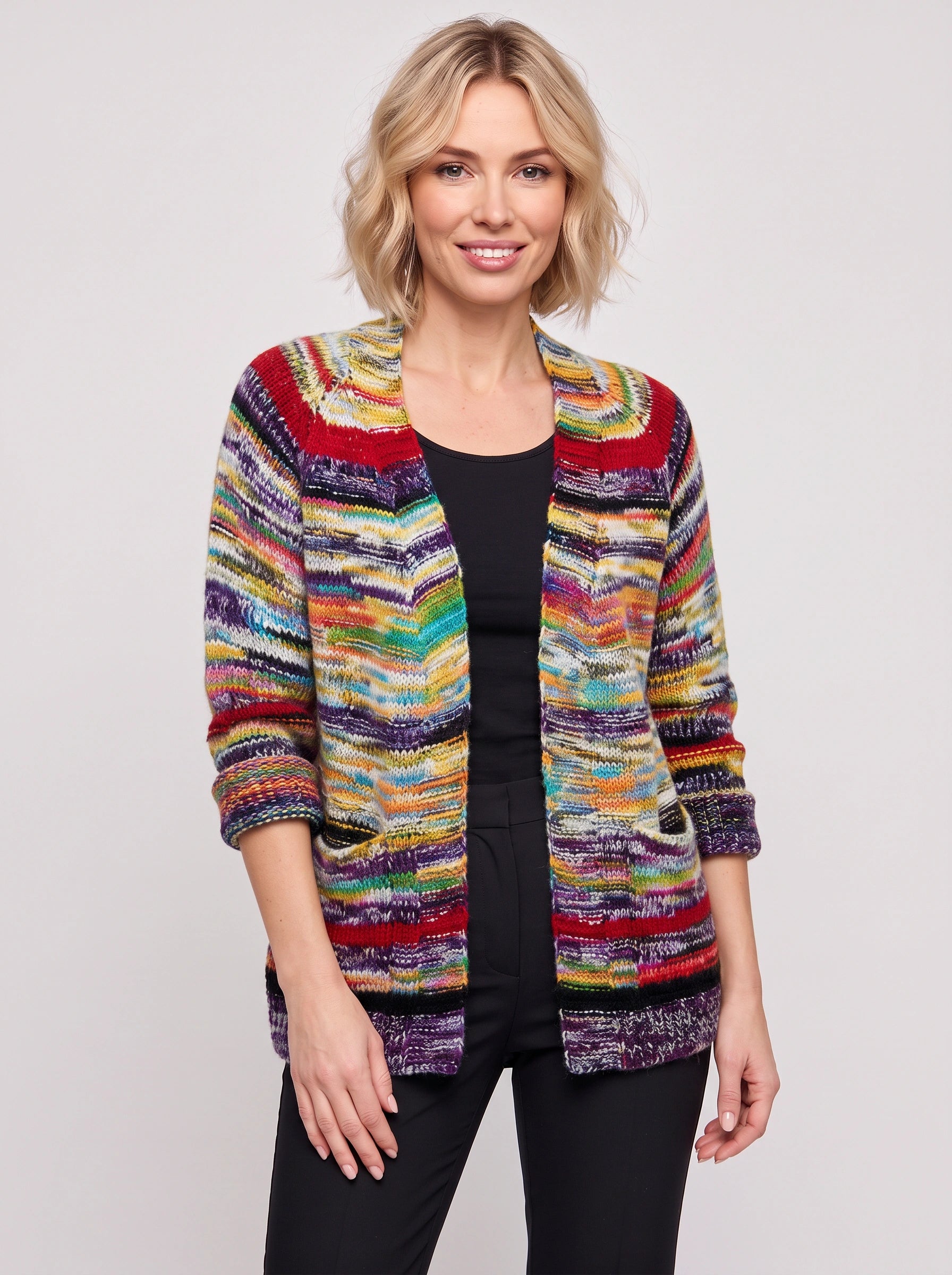 Cardigan long Bandara en maille ouverte - pull oversize rayé pour femme, cardigan épais d’automne, style bohème décontracté