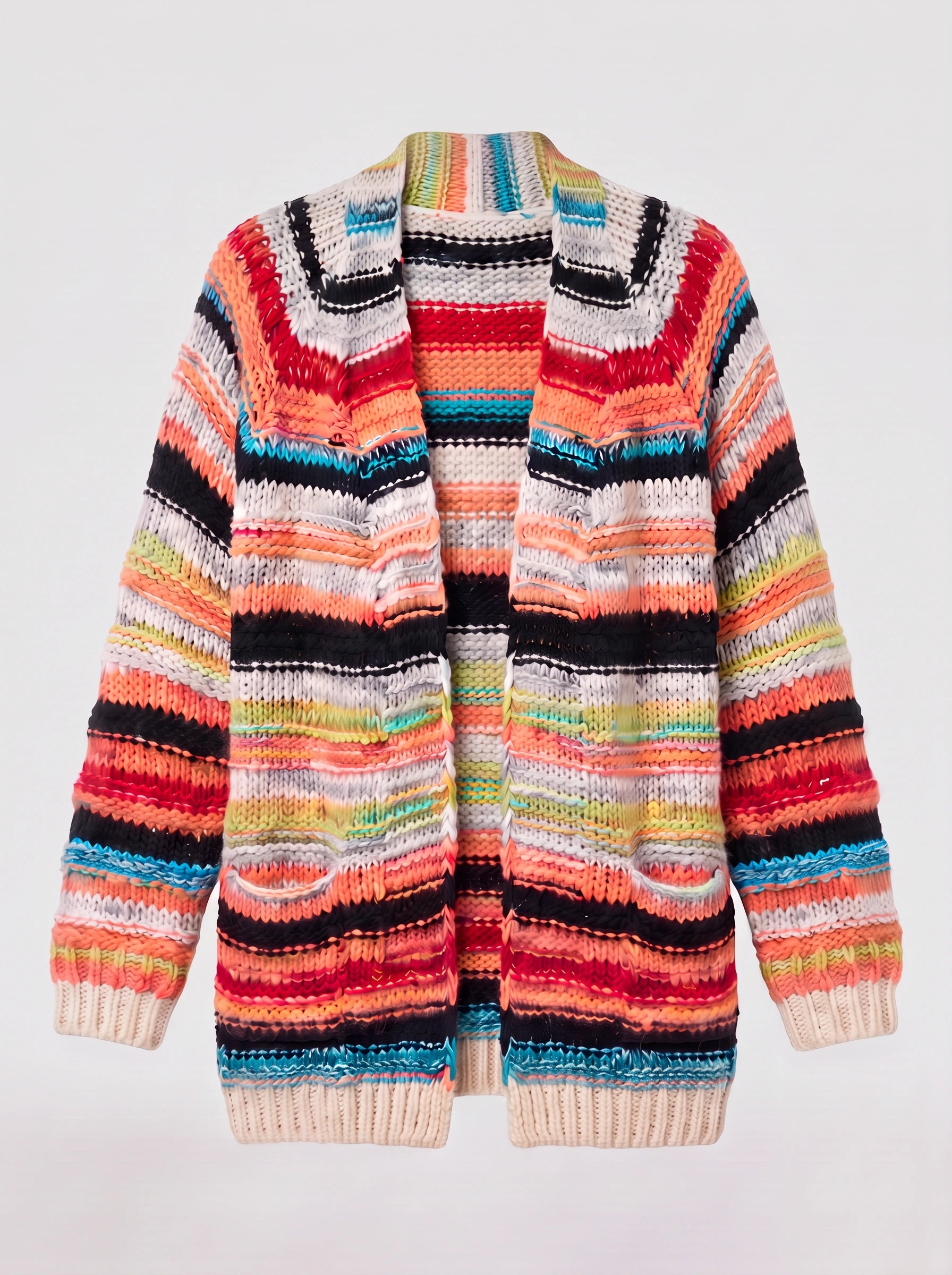 Cardigan long Bandara en maille ouverte - pull oversize rayé pour femme, cardigan épais d’automne, style bohème décontracté
