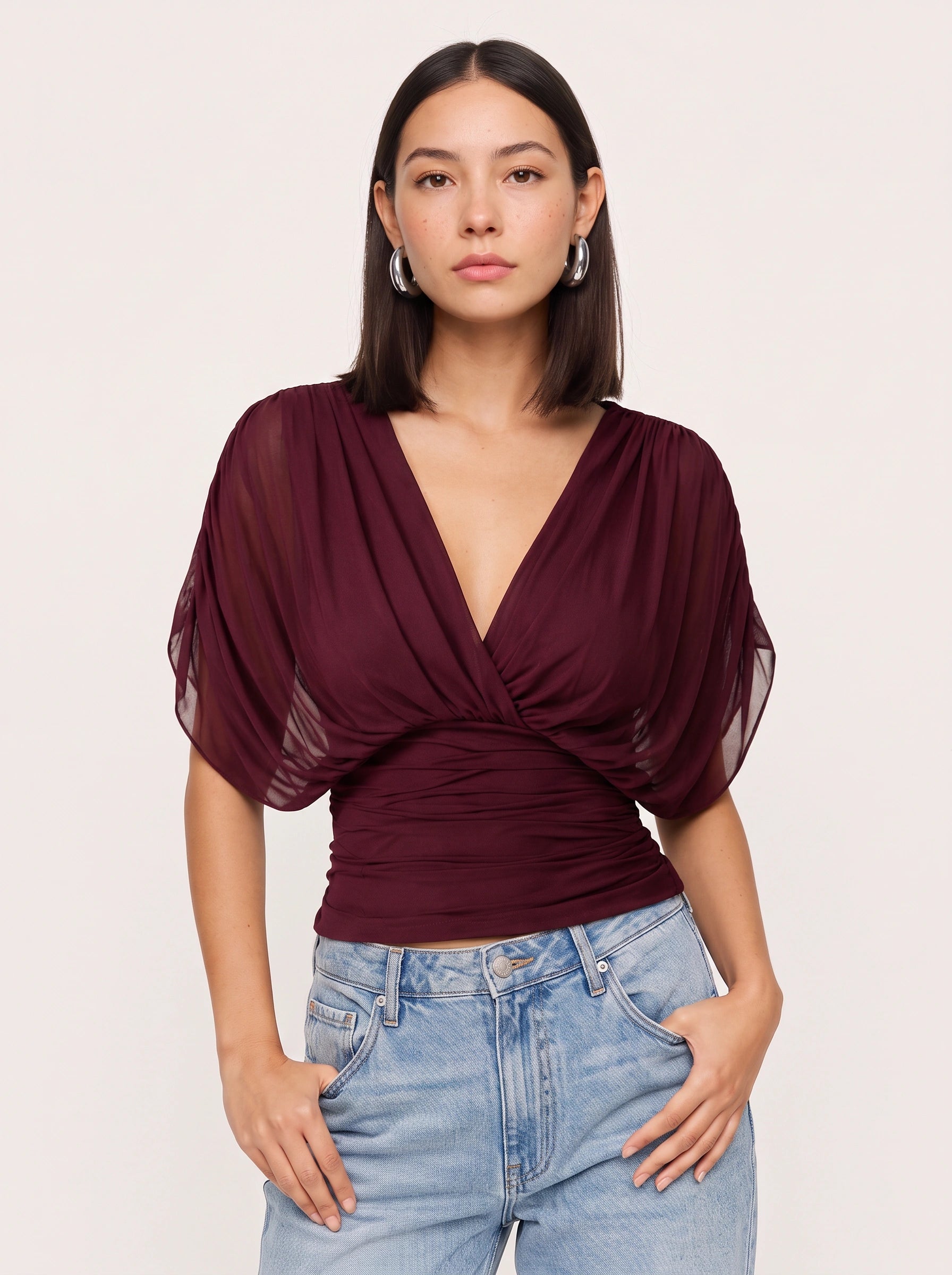 Drapesse Ruched Surplice Top – Deep V-Neck Women Blouse Sheer Kimono Sleeve Wrap Fitted Evening Top