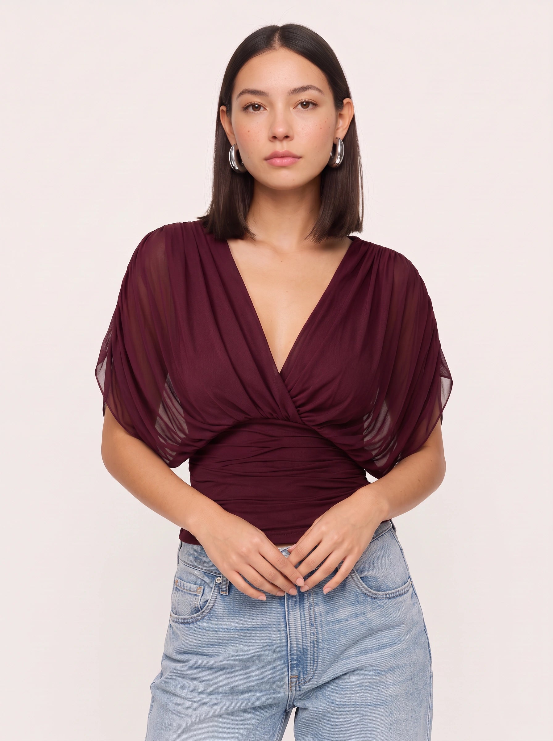 Drapesse Ruched Surplice Top – Deep V-Neck Women Blouse Sheer Kimono Sleeve Wrap Fitted Evening Top