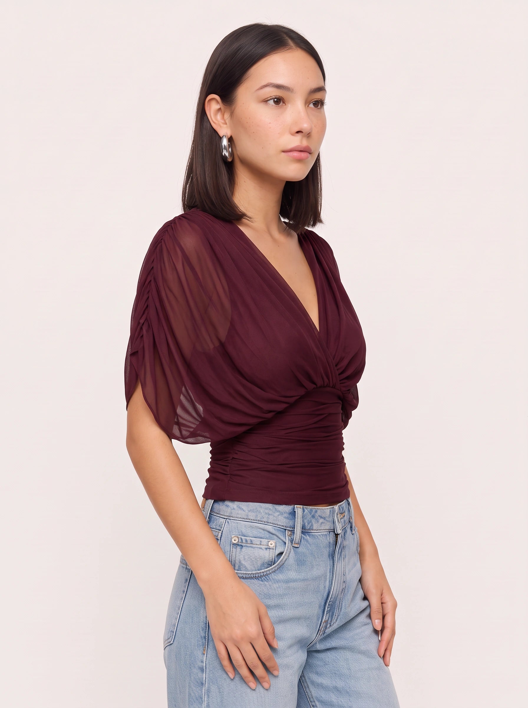 Drapesse Ruched Surplice Top – Deep V-Neck Women Blouse Sheer Kimono Sleeve Wrap Fitted Evening Top