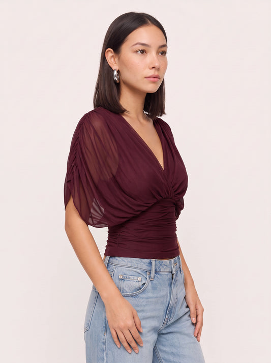 Drapesse Ruched Surplice Top – Deep V-Neck Women Blouse Sheer Kimono Sleeve Wrap Fitted Evening Top