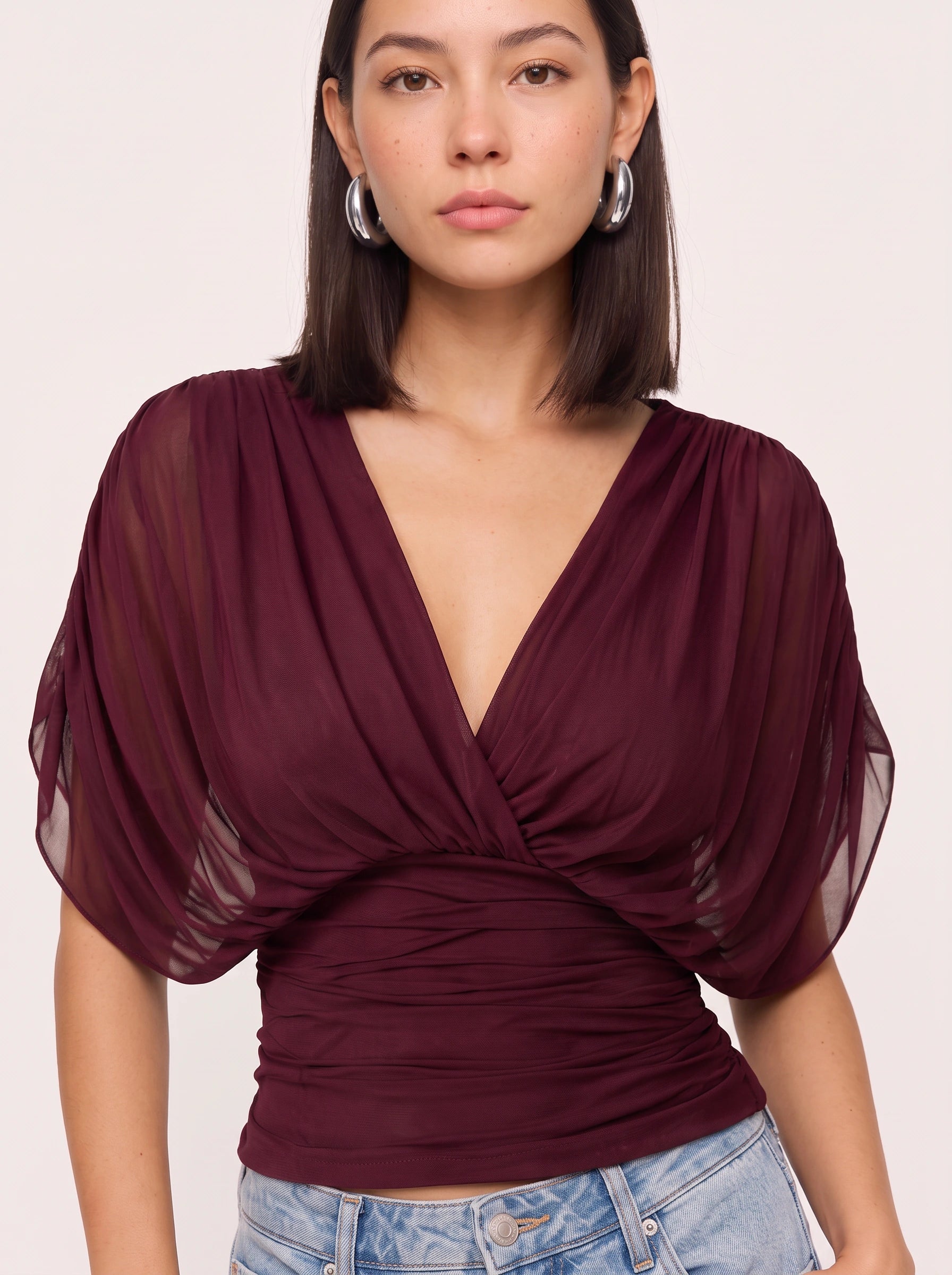 Drapesse Ruched Surplice Top – Deep V-Neck Women Blouse Sheer Kimono Sleeve Wrap Fitted Evening Top