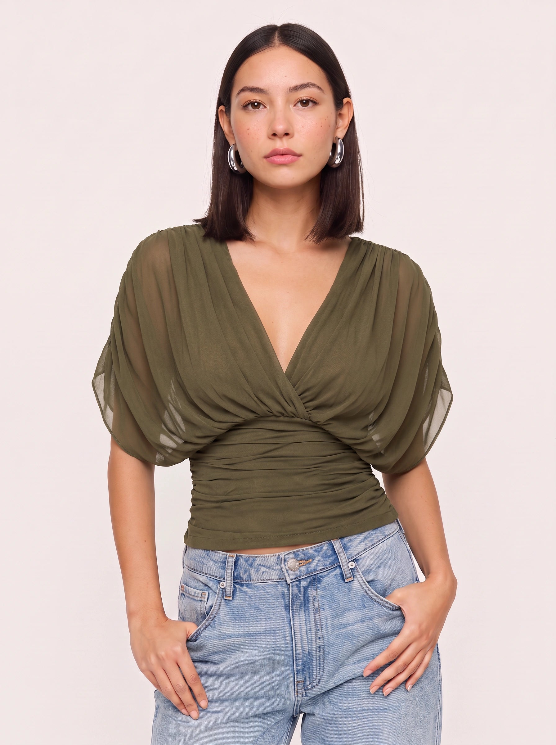 Drapesse Ruched Surplice Top – Deep V-Neck Women Blouse Sheer Kimono Sleeve Wrap Fitted Evening Top