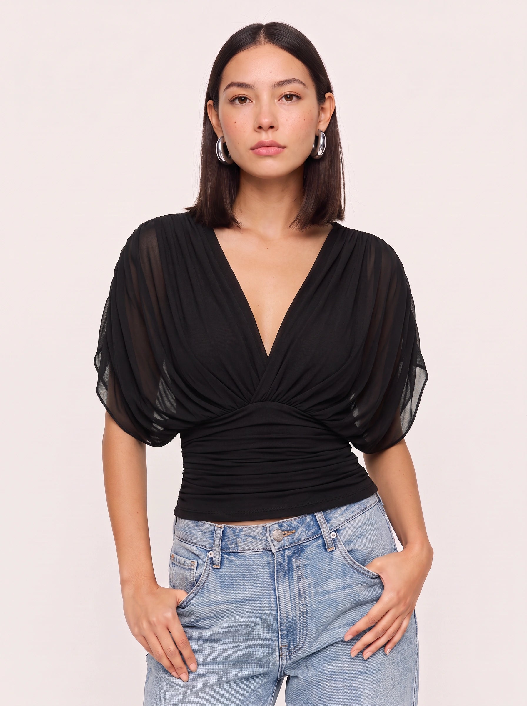 Drapesse Ruched Surplice Top – Deep V-Neck Women Blouse Sheer Kimono Sleeve Wrap Fitted Evening Top