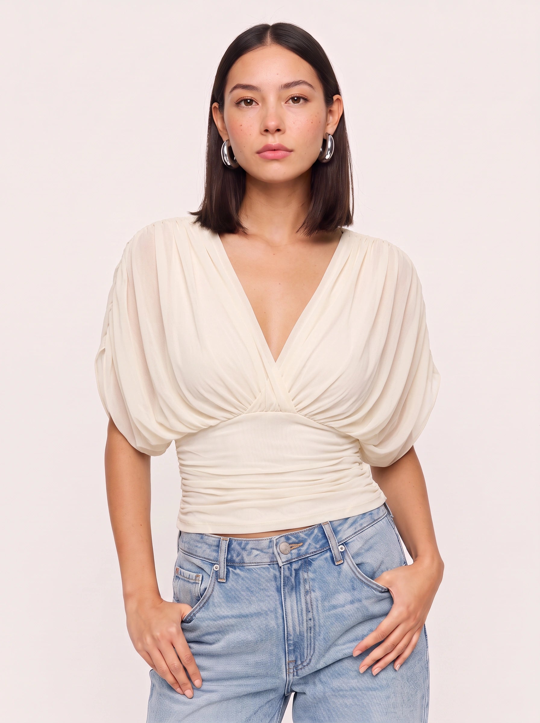 Drapesse Ruched Surplice Top – Deep V-Neck Women Blouse Sheer Kimono Sleeve Wrap Fitted Evening Top