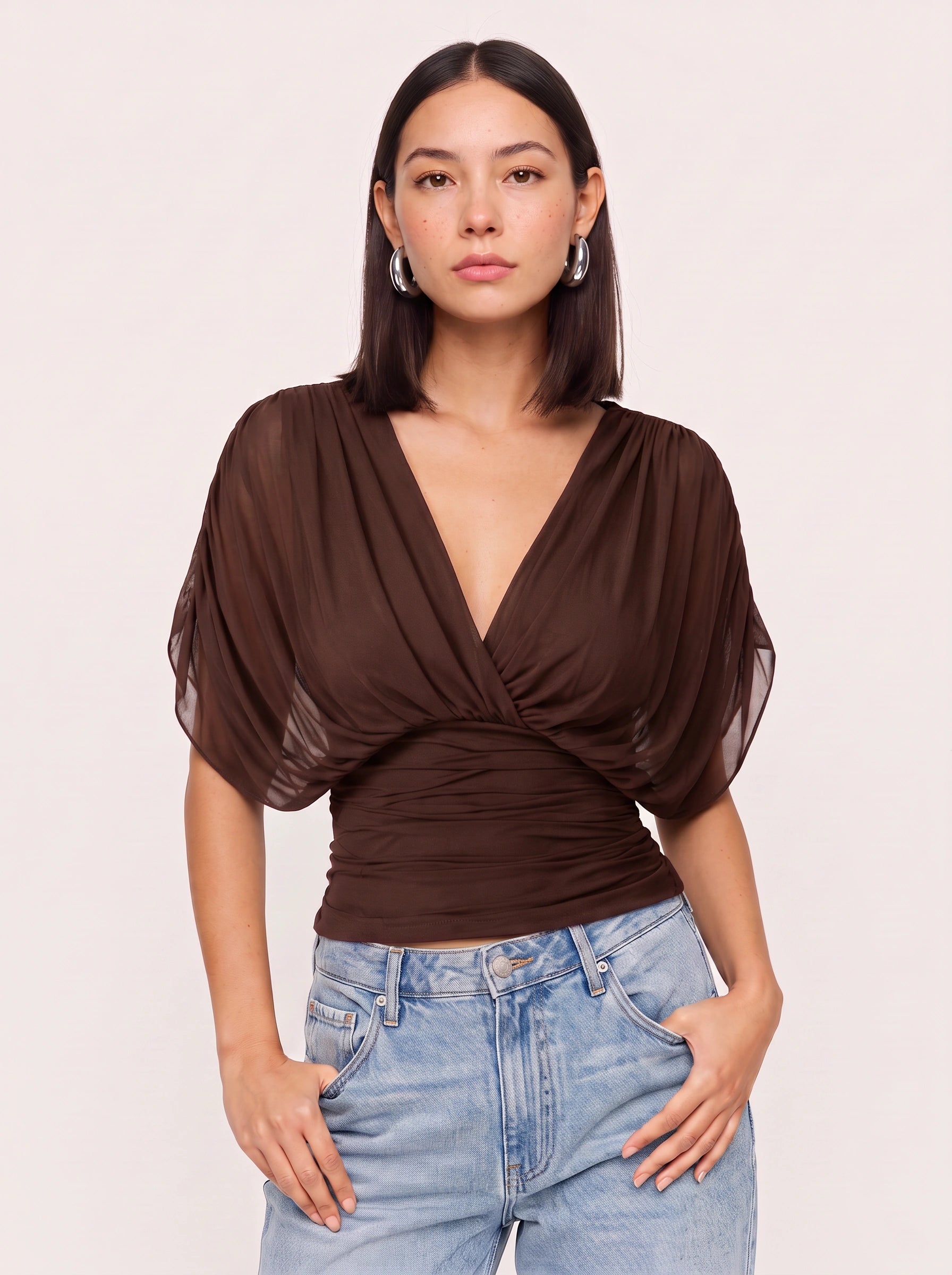 Drapesse Ruched Surplice Top – Deep V-Neck Women Blouse Sheer Kimono Sleeve Wrap Fitted Evening Top